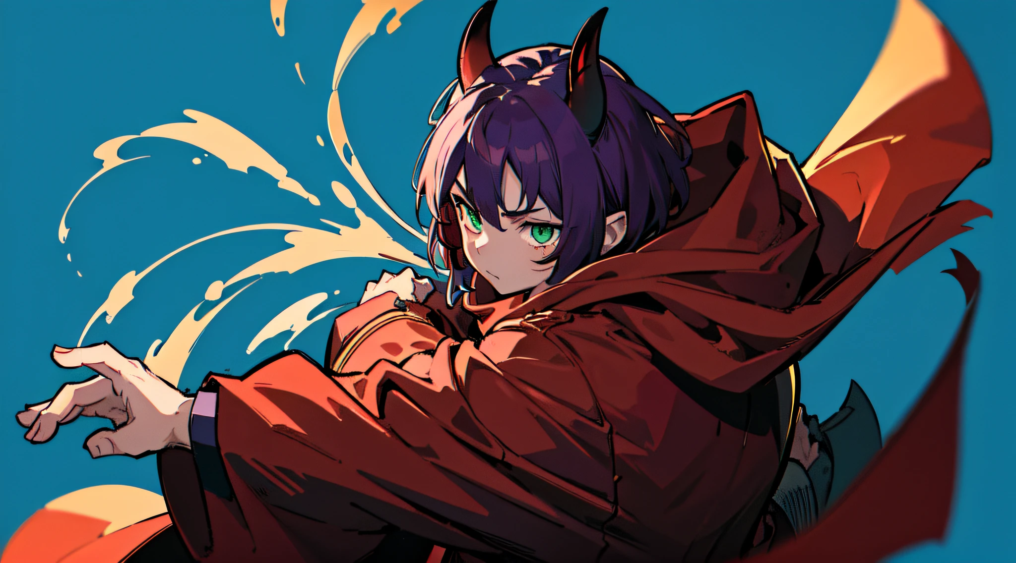 top-quality、​masterpiece、((Deformed))、Boy with short purple hair、Green eyes、demonic horns、red cloak、Composition that reflects the whole body、combat pose、Thumbnail image、Only one person、Blue background