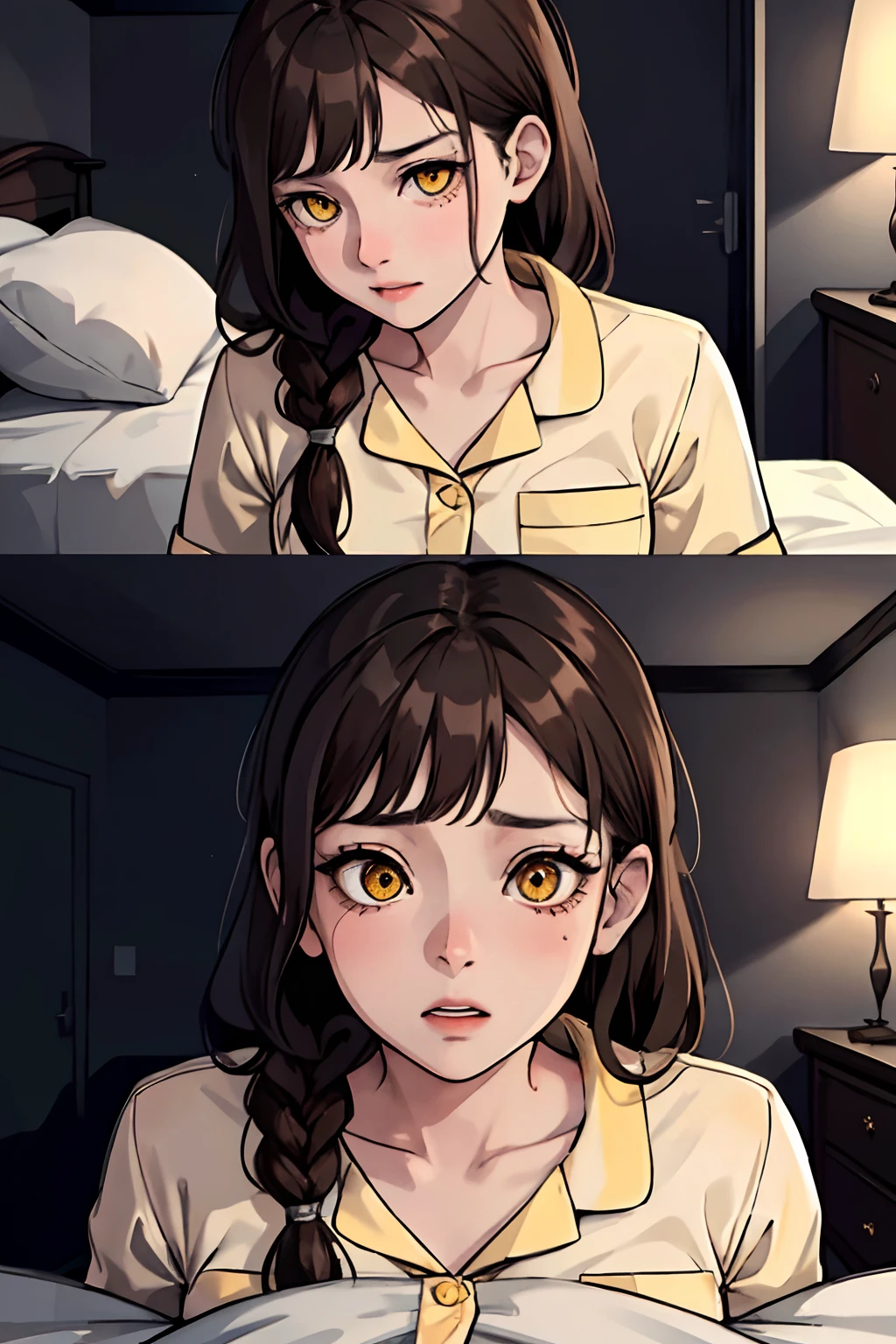 A very young and cute school girl, brown hair, yellow eyes, wearing highly detailed and sexy pajamas, side view camera perspective, uncomfortable and terrified facing expression, dark chilling horror film elements, waking up from a horrible nightmare, frantically waking up, terrified waking up, in her bed, highly detailed bedroom, highly detailed background, perfect masterpiece, high quality, high resolution