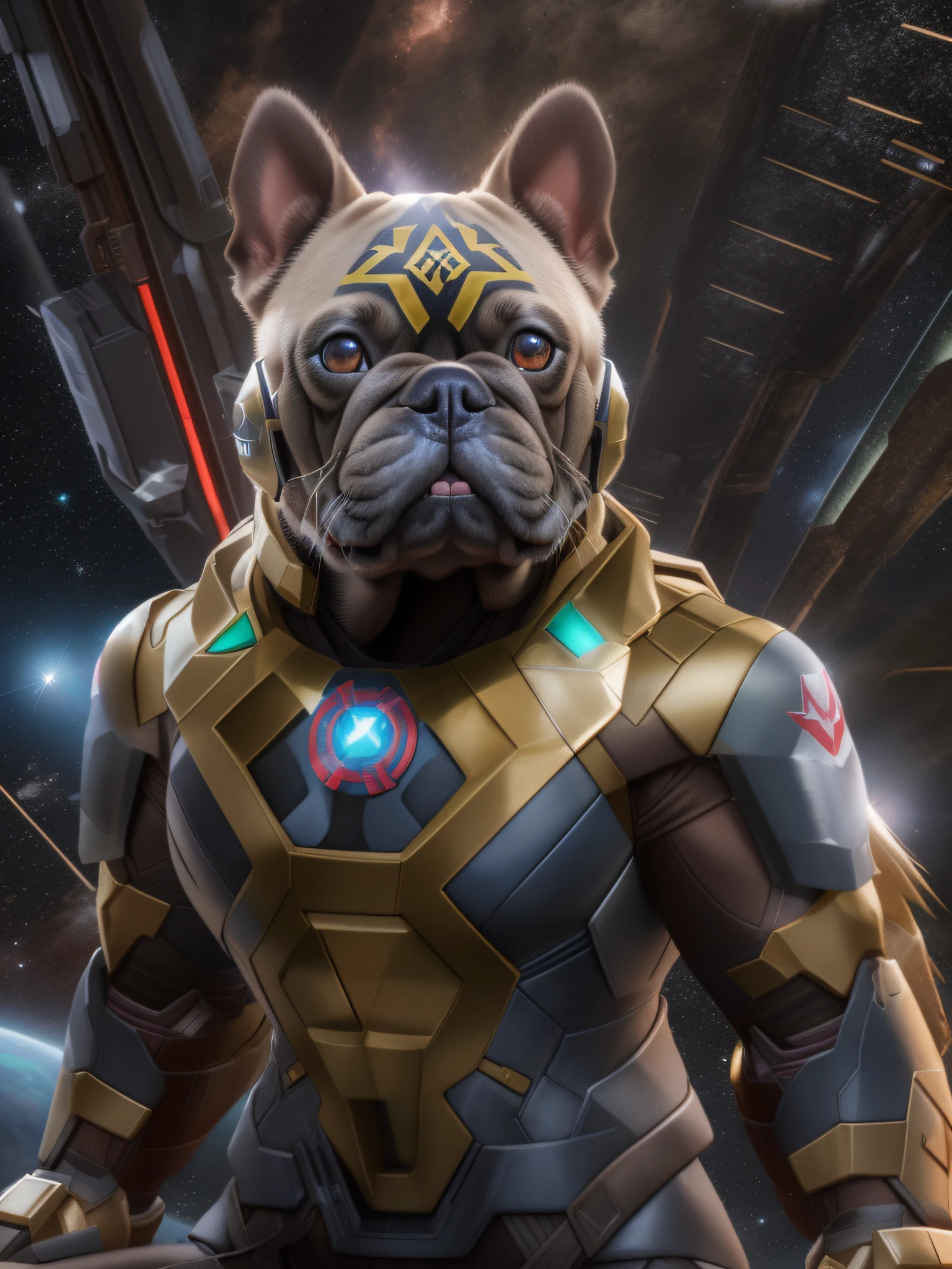 (marvel Thor french bulldog), Klaren Mecha-Planetenhintergrund, Stereoskopischer Effekt, 3D-gerendert, (Beste Illustration), (super detaillierter CG), Digitale Malerei, Eyes of the Milky Way, Ultra-Definition, --ios 120, Akribischer Ausdruck, HDR, Extrem hohe Detailgenauigkeit, Unreal-Engine, satte Farben, Oktan-Rendering, 8K