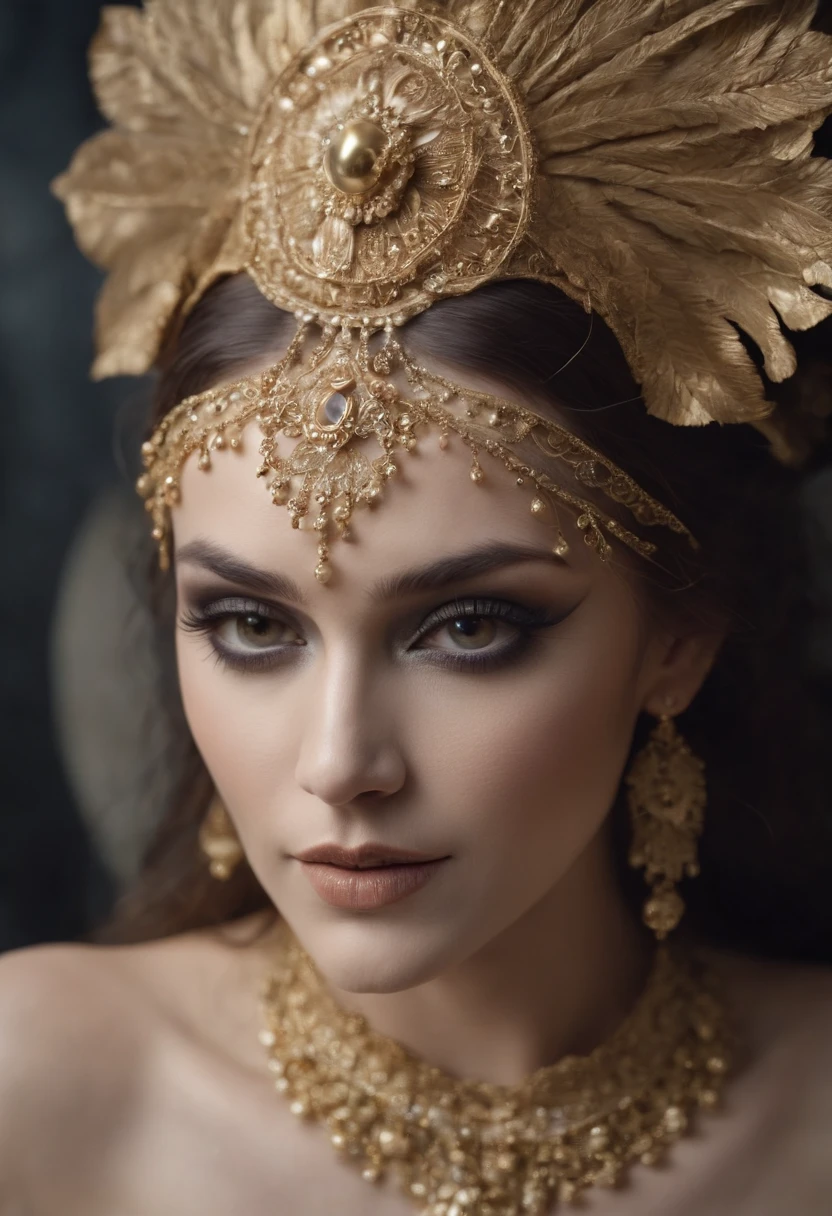 woman dressed golden and gold makeup,in the style of skull motifs,covered in luxurious jewelry, jewelry, luxury, dark white and dark bronze, jewelry by painters and sculptors,high details,realistic,ultra intricate detailing, 8k, Cinematic Lighting, cinematic
