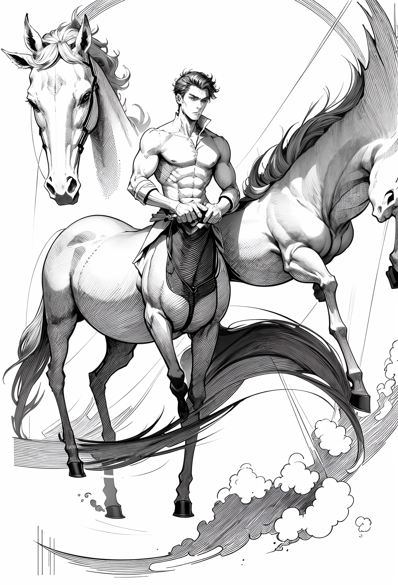 1 centaur，dessin au trait，Line drawings，Plain white background，pencil drawing，Remove the background，Graphic design sense，Smooth black and white lines，Perfect curves，simple and clean lines，fluency，delicated face，No additional wiring is required，Perfect hand movements，（high high quality）(volumettic light)