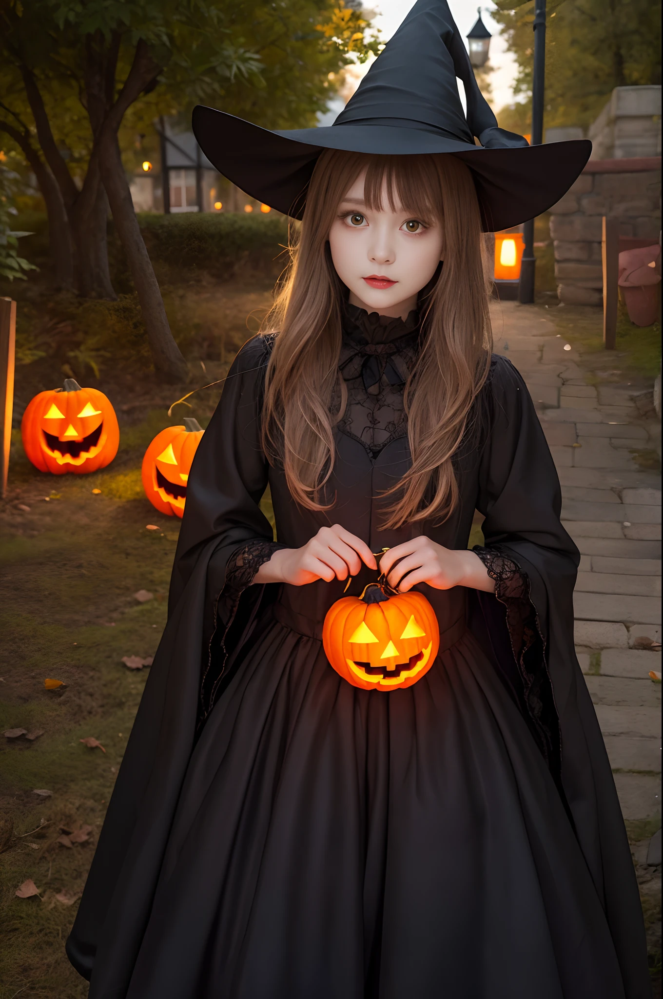 1 Beautiful Girl in Scandinavia、realisticlying、Halloween pumpkin lantern、witch's hat、Gothic dress with long sleeves