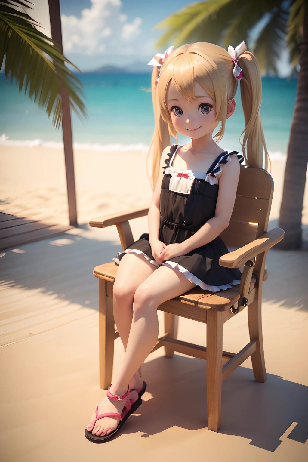 ( absurdly , High quality , ultra-detailliert ),Summer at noon、(((masutepiece))),((Popular for its beaches))),(()),(((Petite girl with long blonde twin tails))),((squatting on a chair))),Black Maid Dresses、with a red ribbon on the head,,,,,,,,,,,、3D anime girl rendering,((Smile)),(())),(((Wearing flip-flops))),,,((render of a cute 3d anime girl)),,（Drink orange juice)