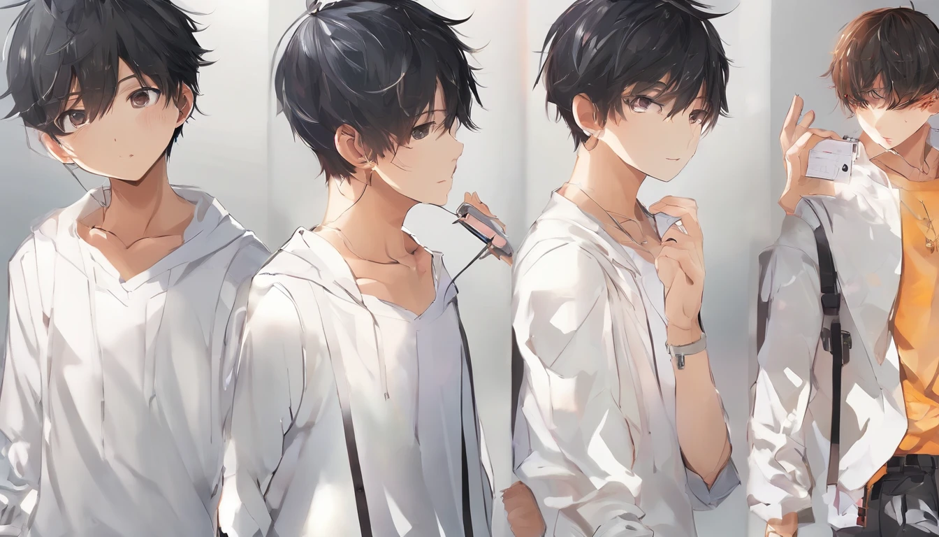 A tanned boy, , with a dark short hairstyle and a blunt fringe, dark eyes, wearing a white shirt and black jeans, holding a phone in his hands, in a standing pose, character sheet, captured from different angles.

(best quality,4k,8k,highres,masterpiece:1.2), ultra-detailed, (realistic,photorealistic,photo-realistic:1.37), HDR, UHD, studio lighting, ultra-fine painting, sharp focus, physically-based rendering, extreme detail description, professional, vivid colors, bokeh.

portraits, character illustration, concept art, realistic style, vibrant colors, warm color tones, stylish lighting.