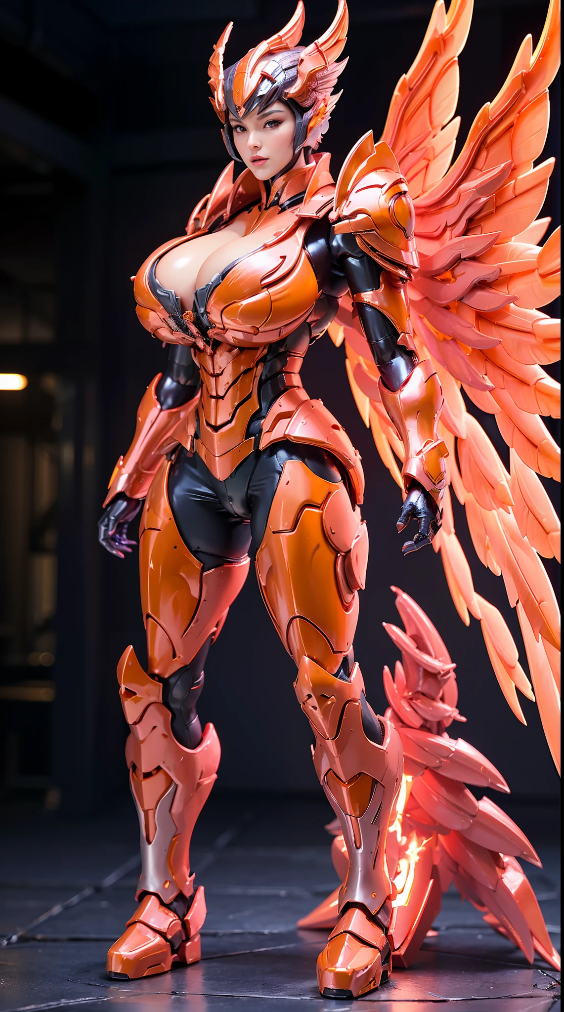 FIRE DRAGON, HUGE BOOBS, FIRE MECHA ARMOR FULL SUIT, (CLEAVAGE), (A PAIR LARGEST PHOENIX WINGS), TRANSPARANT, TALL LEGS, STANDING, SEXY BODY, MUSCLE ABS.