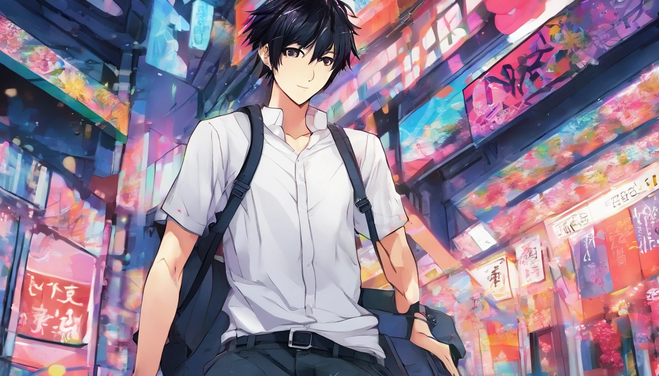 swarthy age guy, Dark short hairstyle with a straight parting, dark eyes, white shirt, black jeans, with the phone in hand, 8k