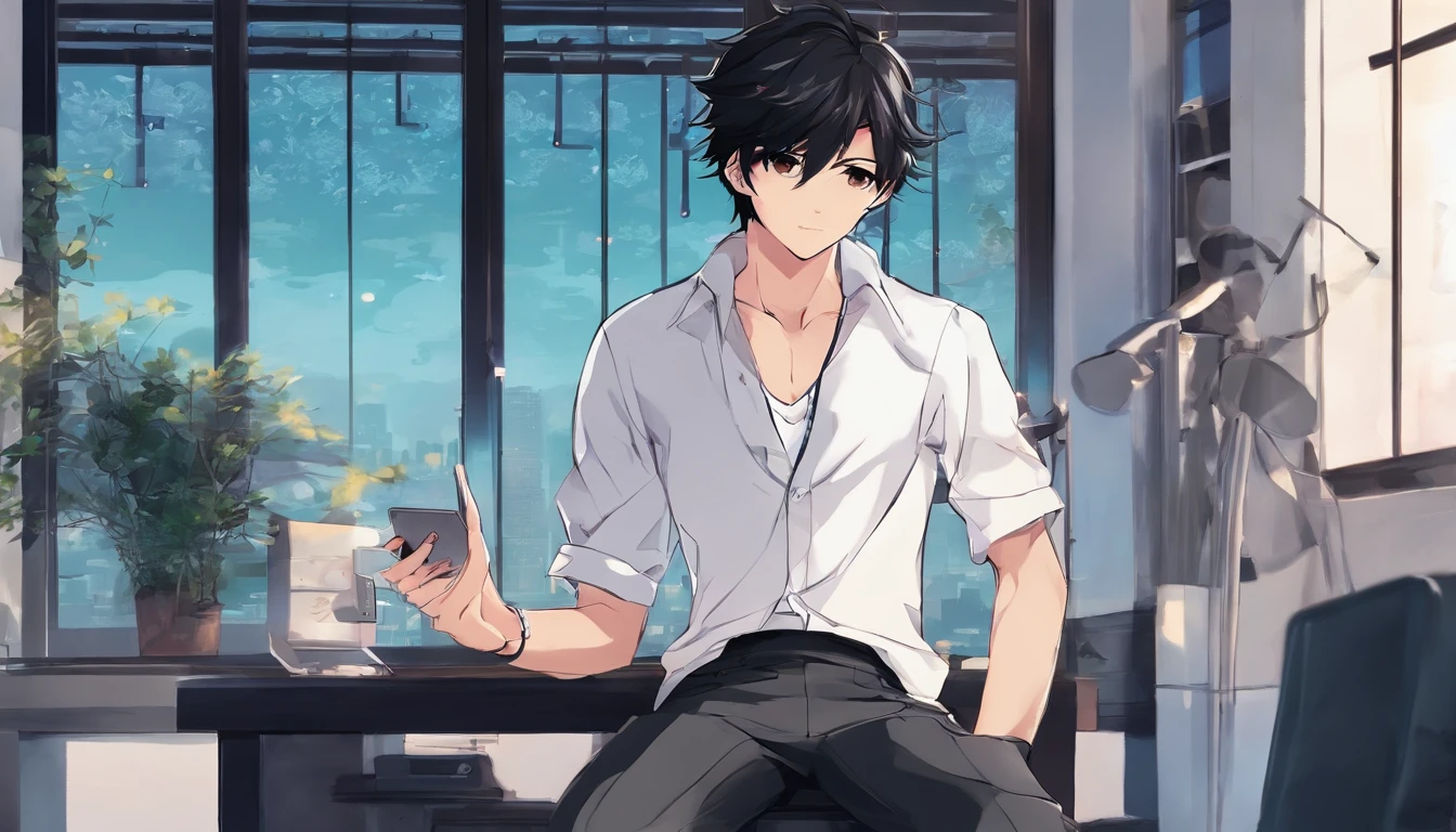 swarthy teenage guy, Dark short hairstyle with a straight parting, dark eyes, white  shirt, black jeans, with the phone in hand, 8k