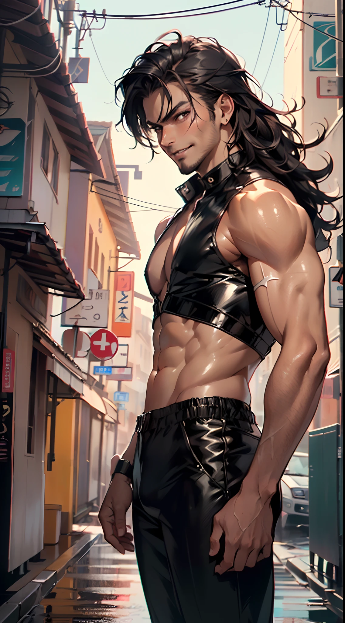 man:1.5,1 man,tracker man,(1man),((man:1.5 with long hair)),
(((1male,handsome man,male,male gender:1.5,male focus))),macho man,
((long black hair,detailed hair,highly detailed hair,black hair,very short beard:1.2)),(((lustrous skin:1.5,tanned skin,bright skin: 1.5,skin tanned,shiny skin,very shiny skin,shiny body,illuminated skin))),(((brown_eyes:1.2))),intricate eyes,beautiful detailed eyes,symmetrical eyes,man chest,handsome face,((muscular)),(((detailed face))),
alluring look,nsfw,
(((bare chest))),green pants,((bulge in pants)),((tracker outfit)),(wearing a tracker outfit:1.3,tracker clothes),((wet clothes,intricate outfit,intricate clothes)),
(dynamic pose:1.0),solo focus,((evil smile,evil look)),(centered,scale to fit dimensions,Rule of thirds),
cyberpunk city by the ocean at night, with bright neon signs and dark stormy clouds and puddles, scenery:1.25,
artistic photography,(photography taken by sldr),highres, sharp focus, (ultra detailed, extremely detailed), (photorealistic artwork:1.37),(extremely detailed CG unity 8k wallpaper),((synthwave background theme)),(((vibrant colors))),(intricate background),(masterpiece),(best quality)