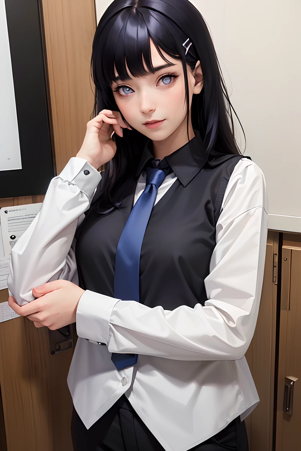 masterpiece, best quality, ultra-detailed, illustration, epic lighting, cinematic composition, isometric, 1girl, solo, cute, purple eyes, dark blue hair, blunt bangs, single sidelock, lavey hairclip, white collared shirt, black necktie, black pants, formal, enchanting gaze, captivating pose, indoors, office, door, opening door, looking at viewer, peeking out upper body, blush, seductive smile, closed mouth,(8k:1.1),