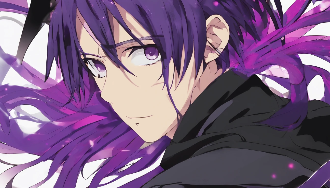 guy, purple hair, behind gathered in the tail, white eyes, light skin, black clothing
