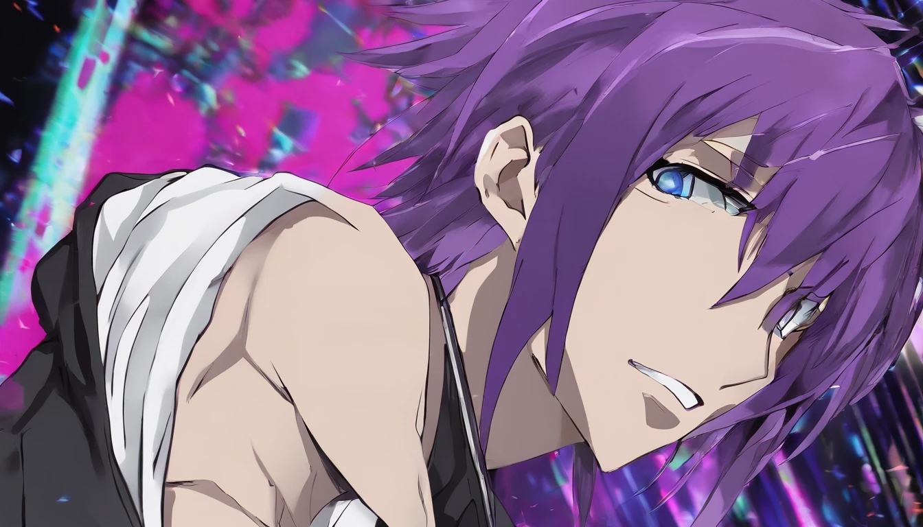 guy, purple hair, behind gathered in the tail, white eyes, light skin, black clothing