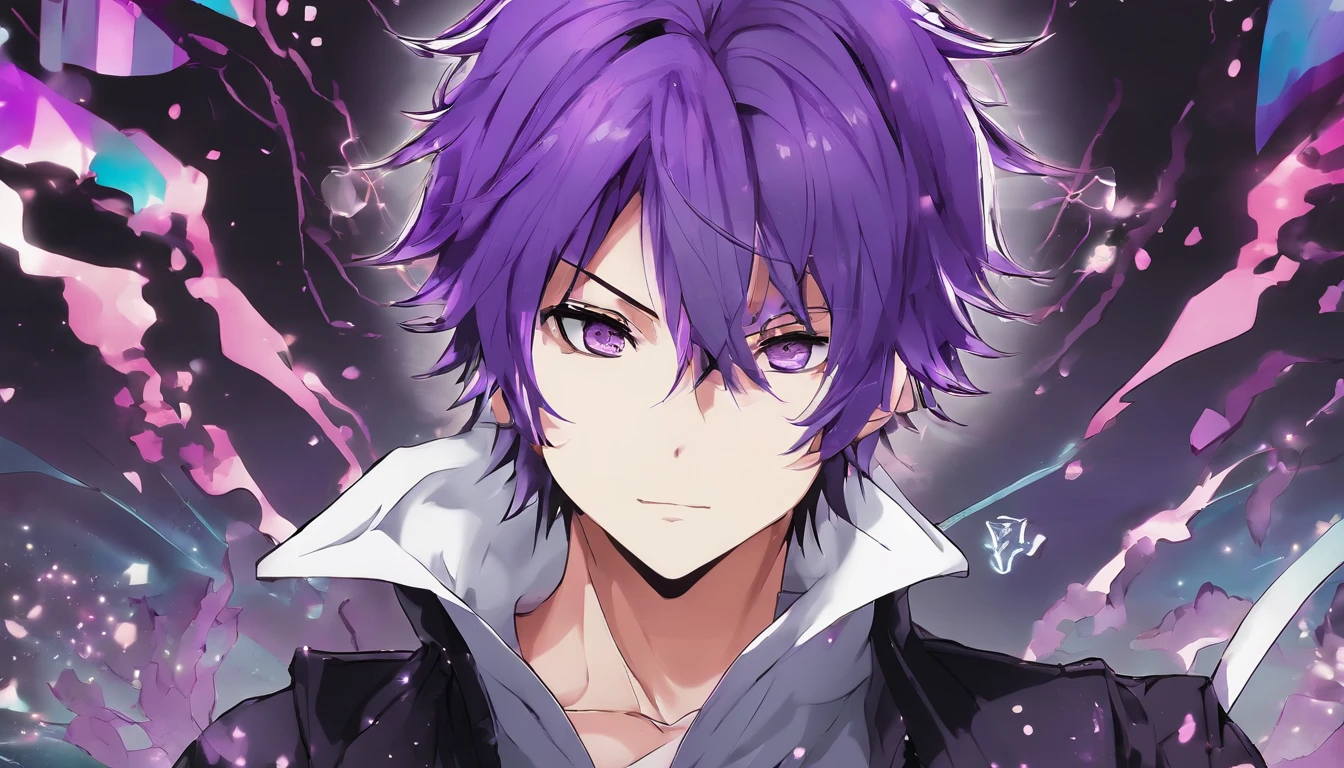 guy, purple hair, behind gathered in the tail, white eyes, light skin, black clothing