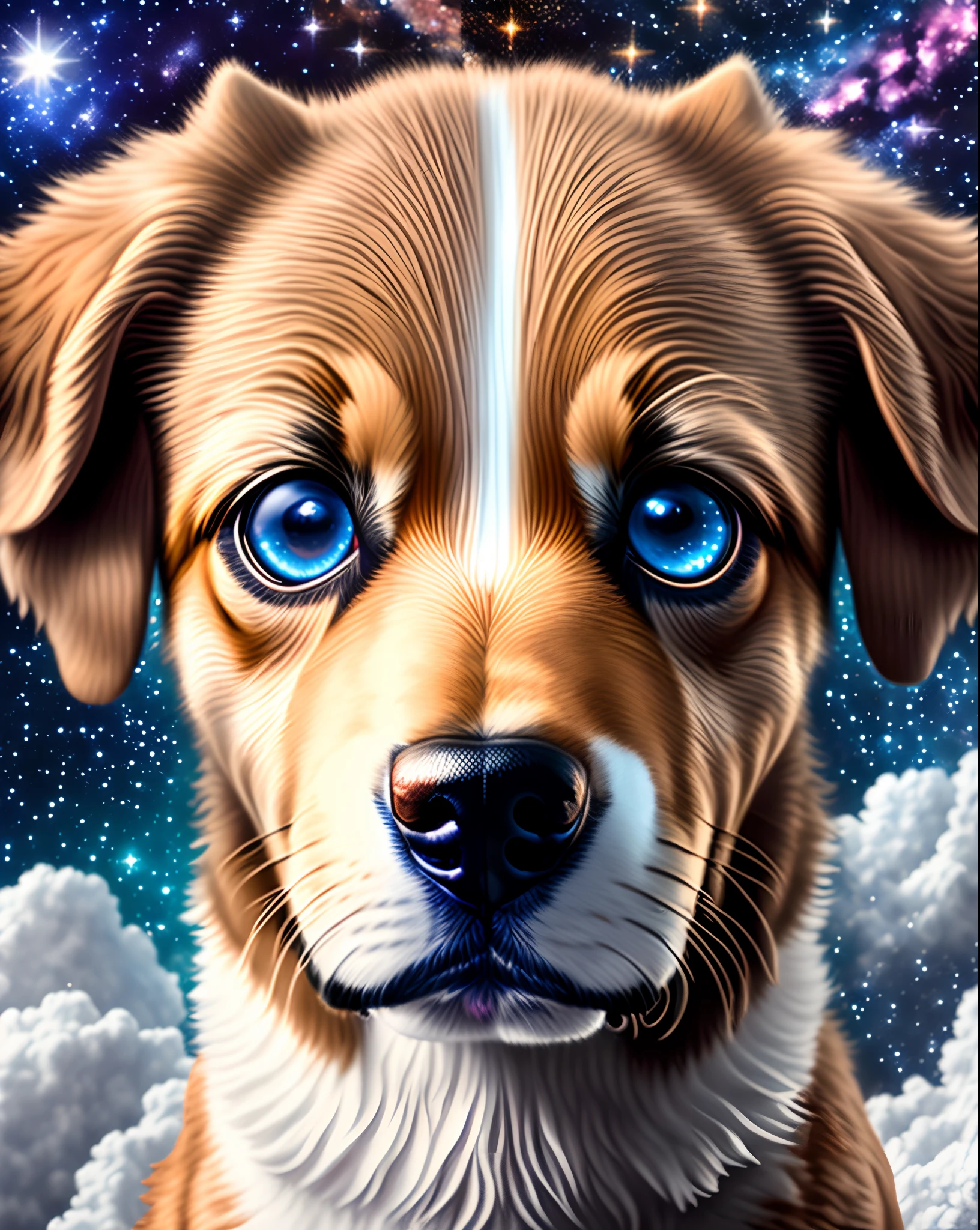 best quality, highres, ultra-detailed, realistic:1.37, dog's face, detailed eyes, detailed nose and mouth, stars, nebula, universe, cosmic backdrop, galaxy, interstellar scene, deep space, astronomical beauty, outer space, celestial elements, cosmic dog portrait, surrealistic dog, cosmic explorer, galactic journey, ethereal atmosphere, otherworldly canine, heavenly dog face, stellar nose, astronomical lips, cosmic eyes, space-themed pet portrait, intergalactic scenery