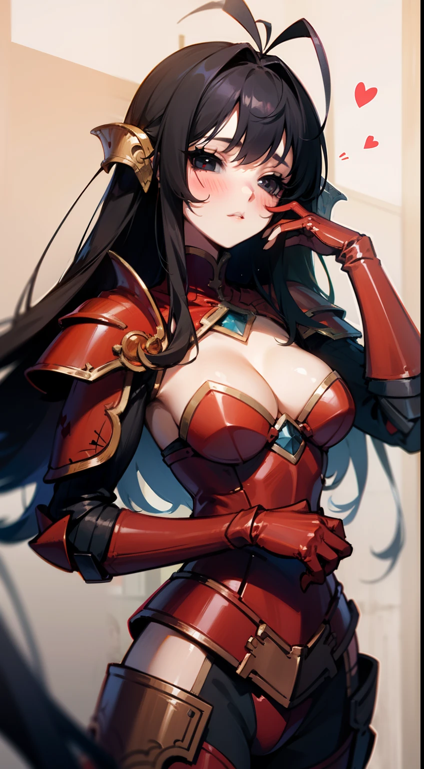 1girl,cleavage,blush,cowboy shot,black eyes,black sclera,black hair,long hair,hair antenna,(red armor)