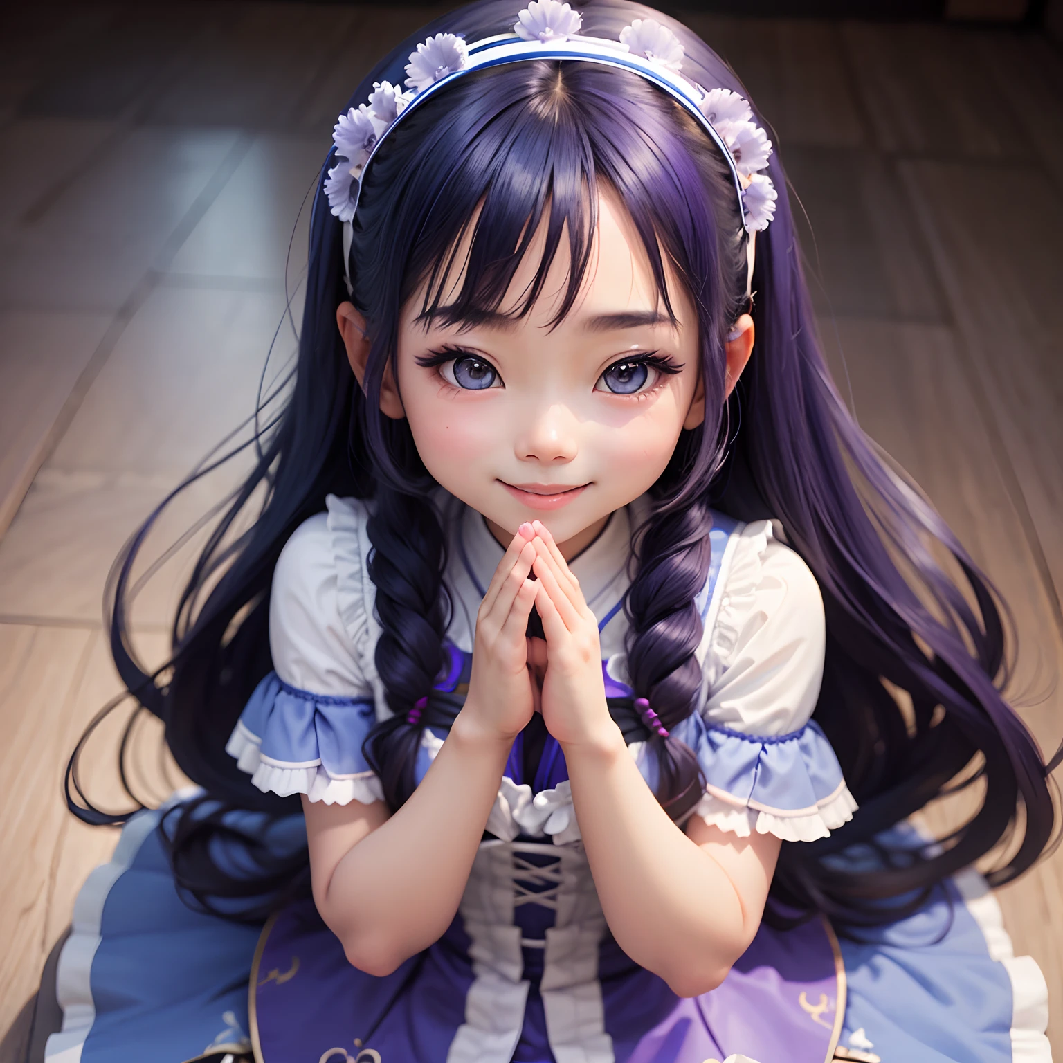 Thai Girl, A beautiful girl with a cute face., Long hair blue-purple, Sea Blue Lolita Dress, Hands to pray, Blue low heels, Smiling face.