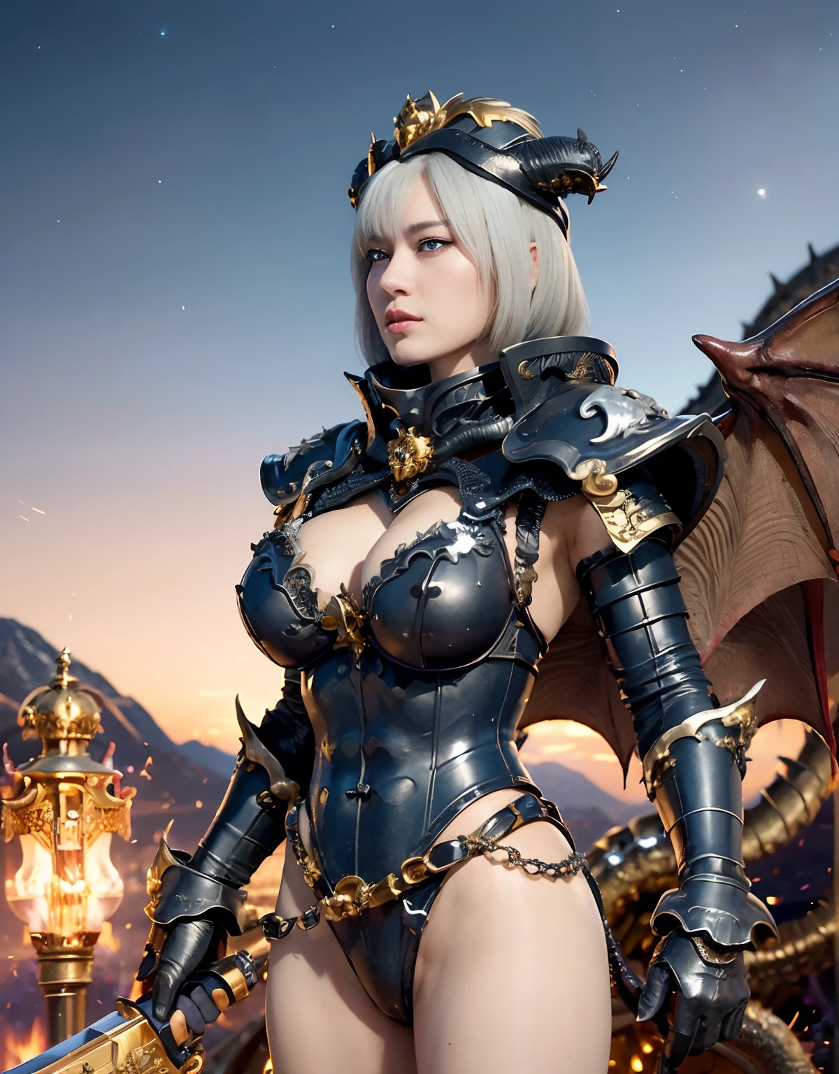 Professional , ​masterpiece、超A high resolution、top-quality、photos realistic  、((super realistic details))、portlate、octan render、8K、Armpit、ultrasharp、（Dragon Black Metal Body:1.９),(Matte Blue Silver、(Night World)、（cleavage of the breast）、Dragon Gold Weapon、（Micro Bikini Armor:1.４),Mystical expression、Gorgeous gold weapons ,（Fight dragons）、Seductive look、（（ Dragon's dense and gorgeous sword）） , （demonic wings）   ,Detail and gorgeous crown、（（a blond））、（Castle background）、（（Gangle's forest background））、Beautiful Caucasian beauty、１a person、dynamic ungle,(((Detailed and ornate dragon helmet)))、Smaller head、A smile、Castle background、Thin and beautiful female hands、cleavage of the breast、Soldier in iron armor on background、Mystical expression、Light Effects、intense fighting、Wind-effect、magic circles、With the legendary magic wand、Dragon's tail、fight、（Fight fiercely against zombie soldiers）、