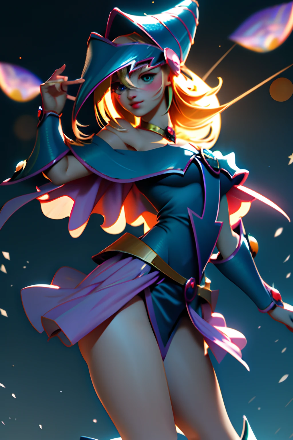 Dark magician girl, realista, 1girl, (Magical Girl:1.4), cabello largo y rubio, (ojos azules), (Cristales, bokeh brillante), Uniforme de dark magician girl, (pechos enormes:1.25), escote, caderas anchas, small waist, 鎖骨, labios separados, maquillaje, sonrojarse, piel brillante, Noche, reflecion, luna llena, Luz de la luna, rosa. Sexy