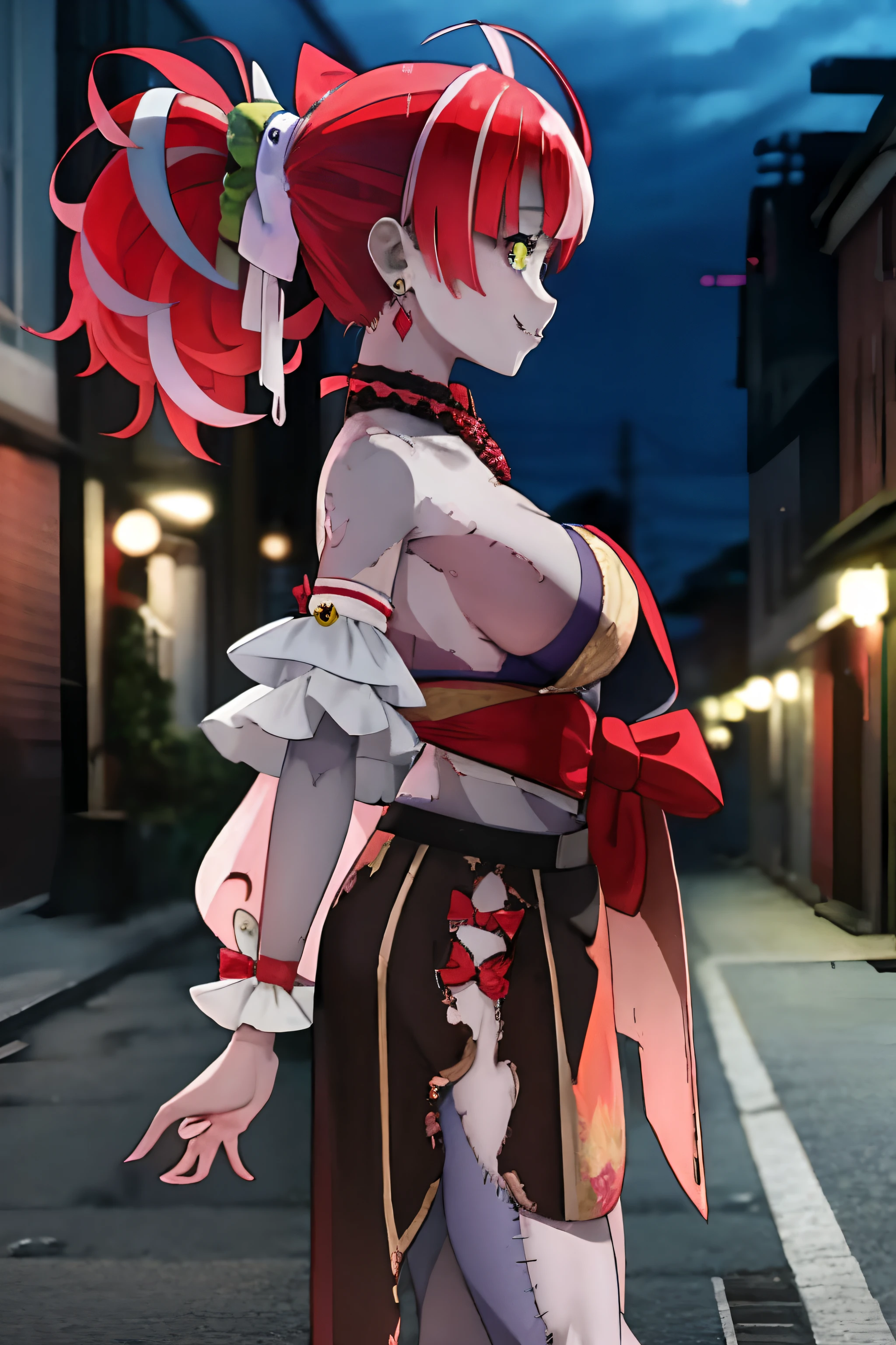 best quality, 4K wallpaper, masterpiece, extremely detailed CG unity 8k wallpaper, extremely detailed eyes, ultra-detailed, 1girl, solo, medium breasts, Ollie, zombie_skin, multicolored hair, multicolored eyes, twintail hair, earrings, style-bridal, outdoors, night, graveyard, (side view:1.5), looking at viewer, smile, standing, crossed legs, upper body,