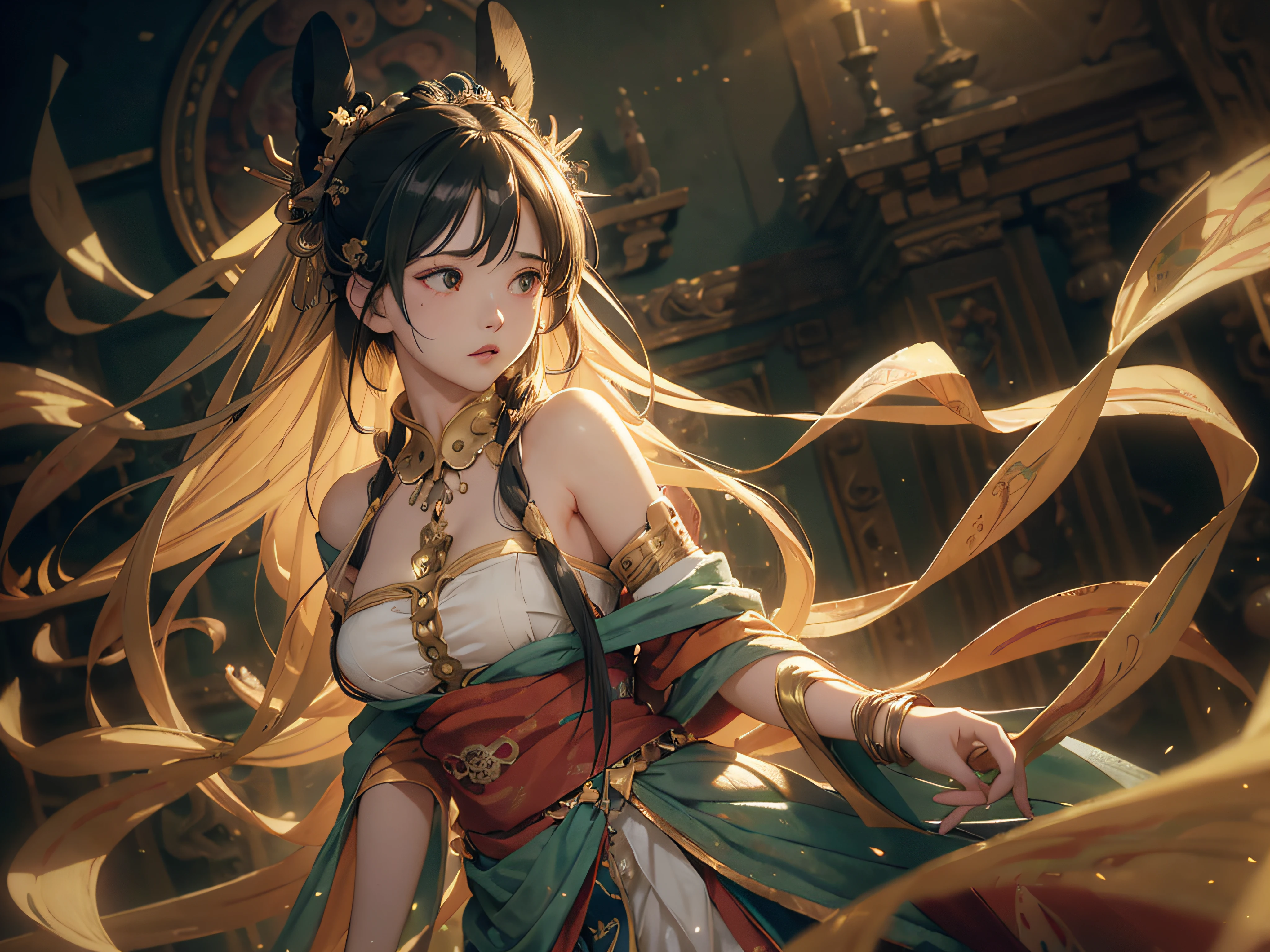 (RAW photo, best quality), (realistic, photo-realistic:1.3),best quality,highly detailed,masterpiece,ultra-detailed,illustration,1girl,upper_body,dynamic angle,world masterpiece theater,messy_long_hair,best quality,extremely detailed CG unity 8k wallpaper,ink,Amazing,cinematic lighting,lens_flare, dunhuang_style