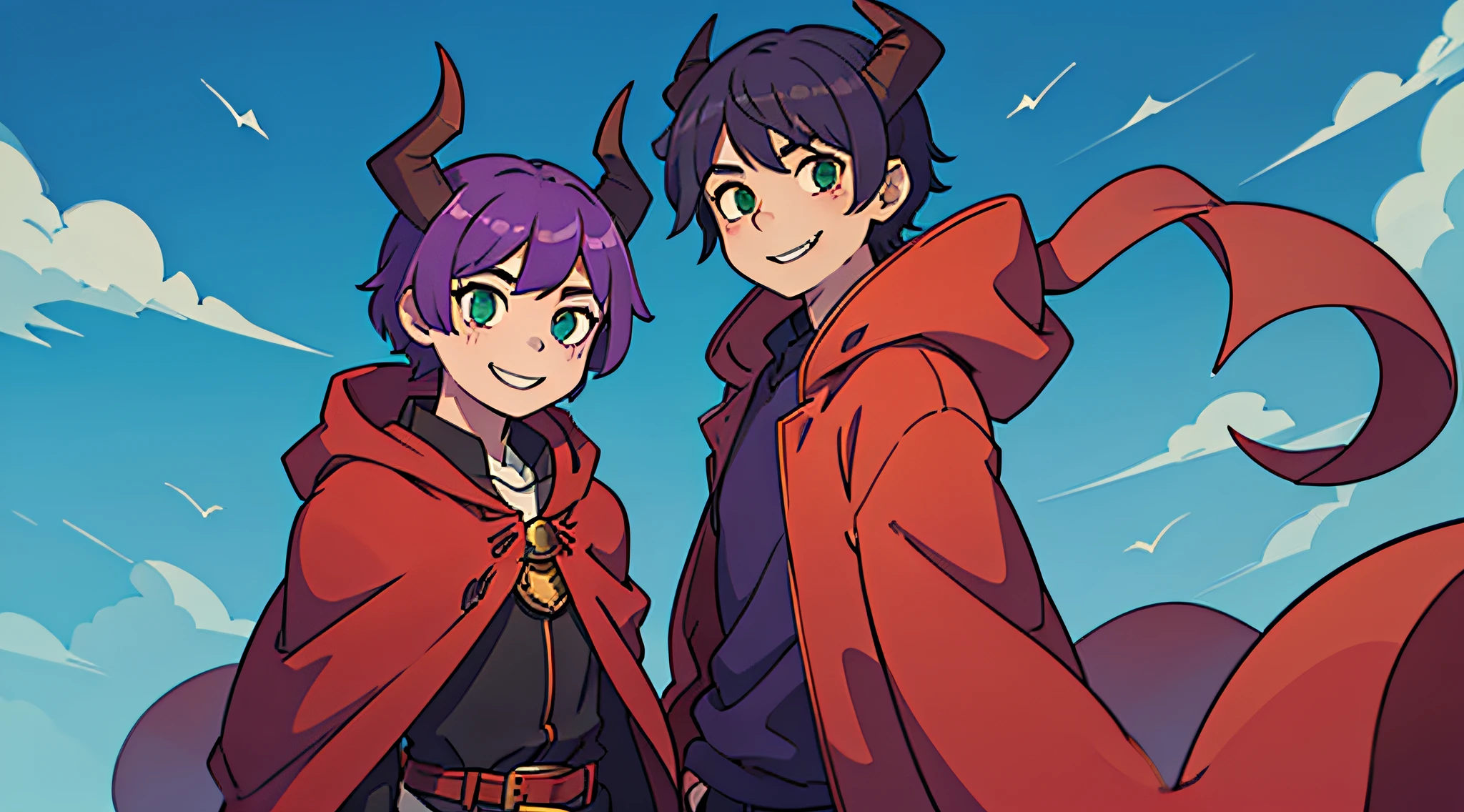 top-quality、masterpiece、((Deformed))、Boy with short purple hair、Green eyes、demonic horns、A smile、red cloak、Composition that reflects the whole body、Game Distribution、Thumbnail image、Blue background