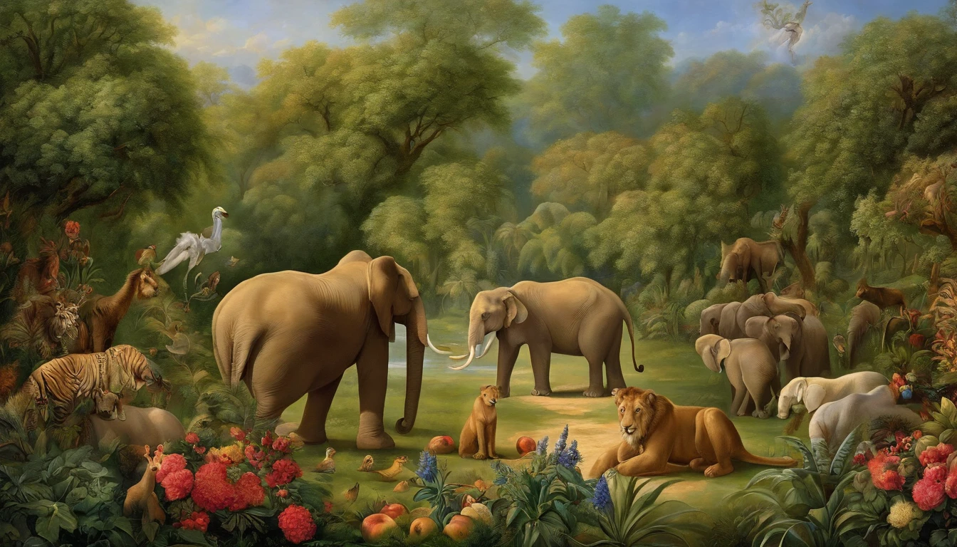 Adam and Eve in the Garden of Eden, cercado por animais e plantas de todo o mundo. Adam and Eve are shown standing in the center of the image, enfrentando Deus. God is above them, with hands raised in blessing. Around Adam and Eve there are a variety of animals, Including lions, Tigres, Ursos, Elefantes, Girafas, birds, e peixes. There is also a variety of plants, including trees, flor, E frutas. The general mood of the painting is one of peace, abundance, e harmonia.