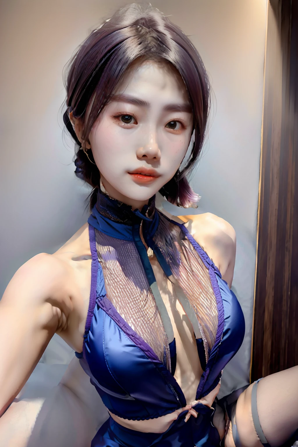 （Fidelity：1.3），filigree，Rembrandt lighting，（tmasterpiece：1.2），（Fidelity：1.2），（best qualtiy），（skin detailed：1.3），（Complicated details），dramatics，Ray traching，Butterfly light，1girll，asiagirl，Stylish blue-gray hair color，，18yr old，little breast，small tits，flatchest，Camel knit dress，Flesh-colored stockings，（Lacquer booties：1.2）