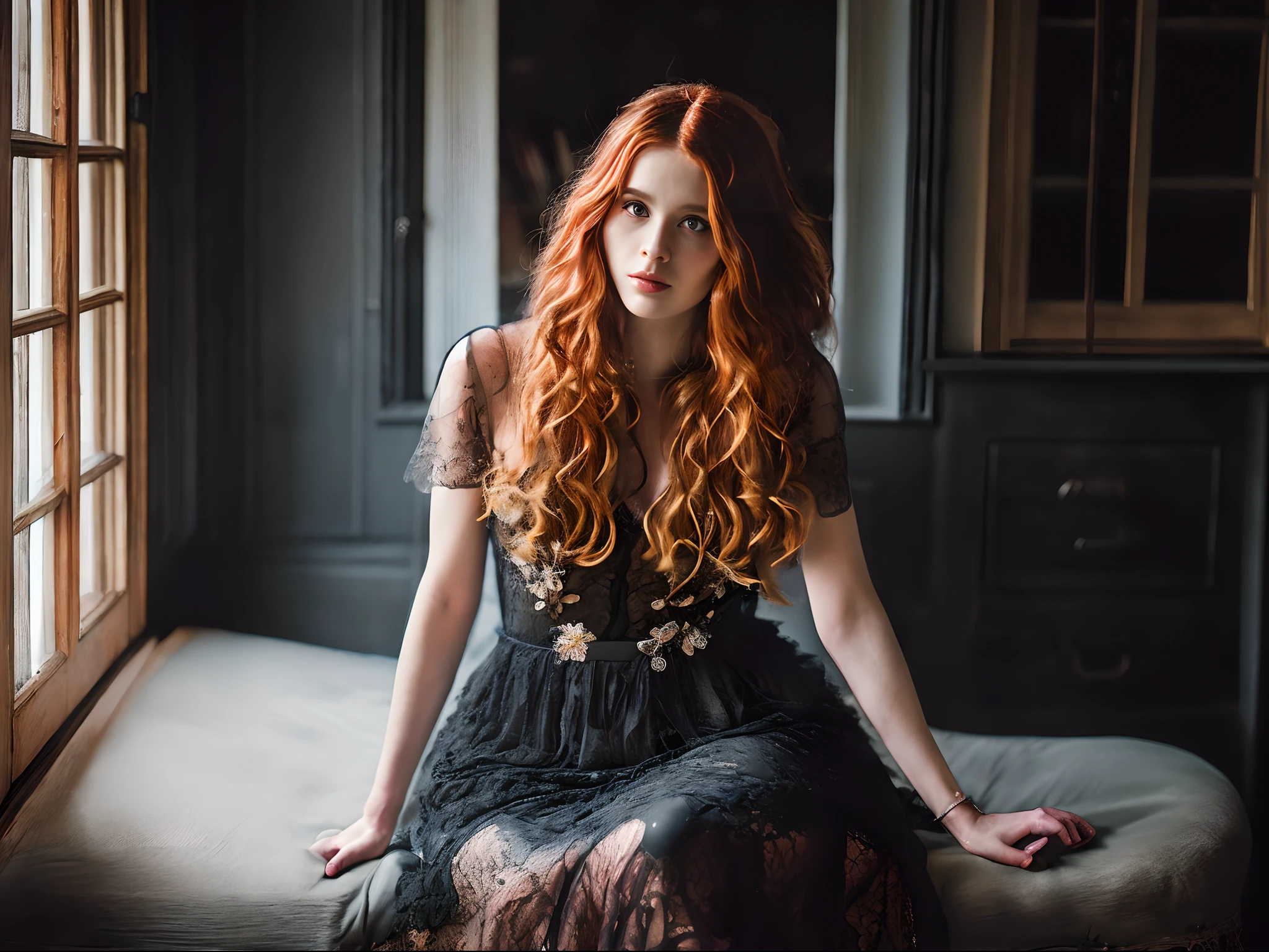 (8k) (hdr) (photography) (photorealism) (cinematic lighting) red haired woman sitting on a window sill looking out, beautiful redhead woman, redhead woman, leaning against the window, with curly red hair, long curl red hair, near a window, near the window, redhead girl, red hair and attractive features, portrait shot, red haired goddess, flowing ginger hair, with long red hair, black tights and long legs, short dress 1.1 nsfw 1.1
