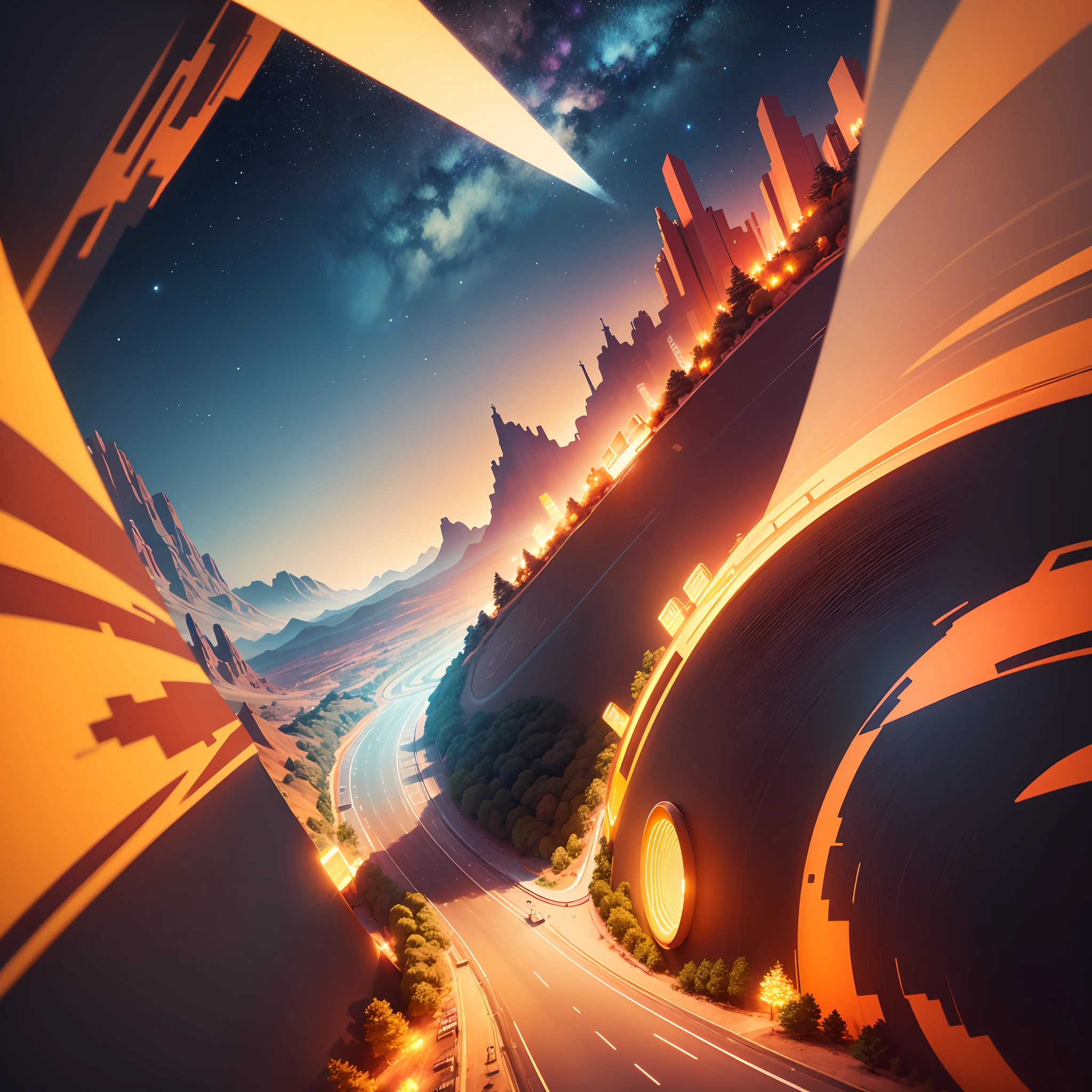 Technology elements,There are constellations in the sky,There are winding roads on the ground;Red and yellow styles,a warm color palette,Dreamy dreams,illustratio,Thick lines,brightcolors,pixar-style,rim-light;high qulity,high detal,8K,perfect compositions