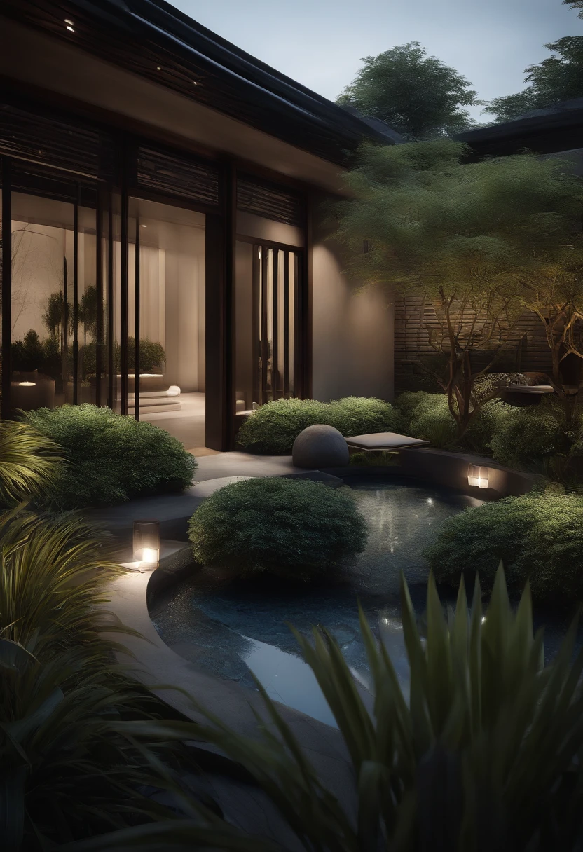 Modern Chinese private garden design,A group of shrubs、Fountain grass、Blue agave、Tree、MIR renderings、Dark tone