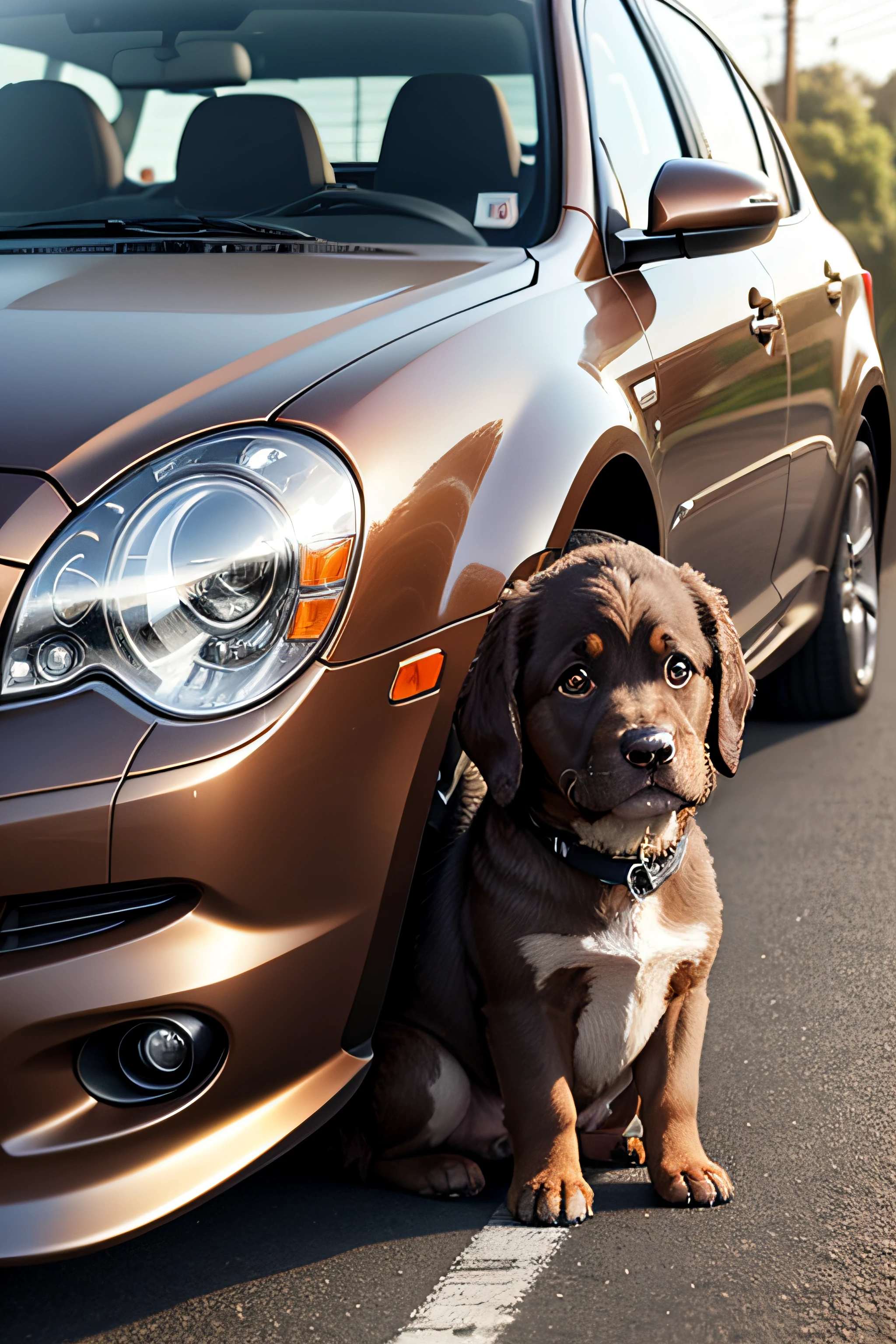 a brown puppy sitting beside of the car number plate