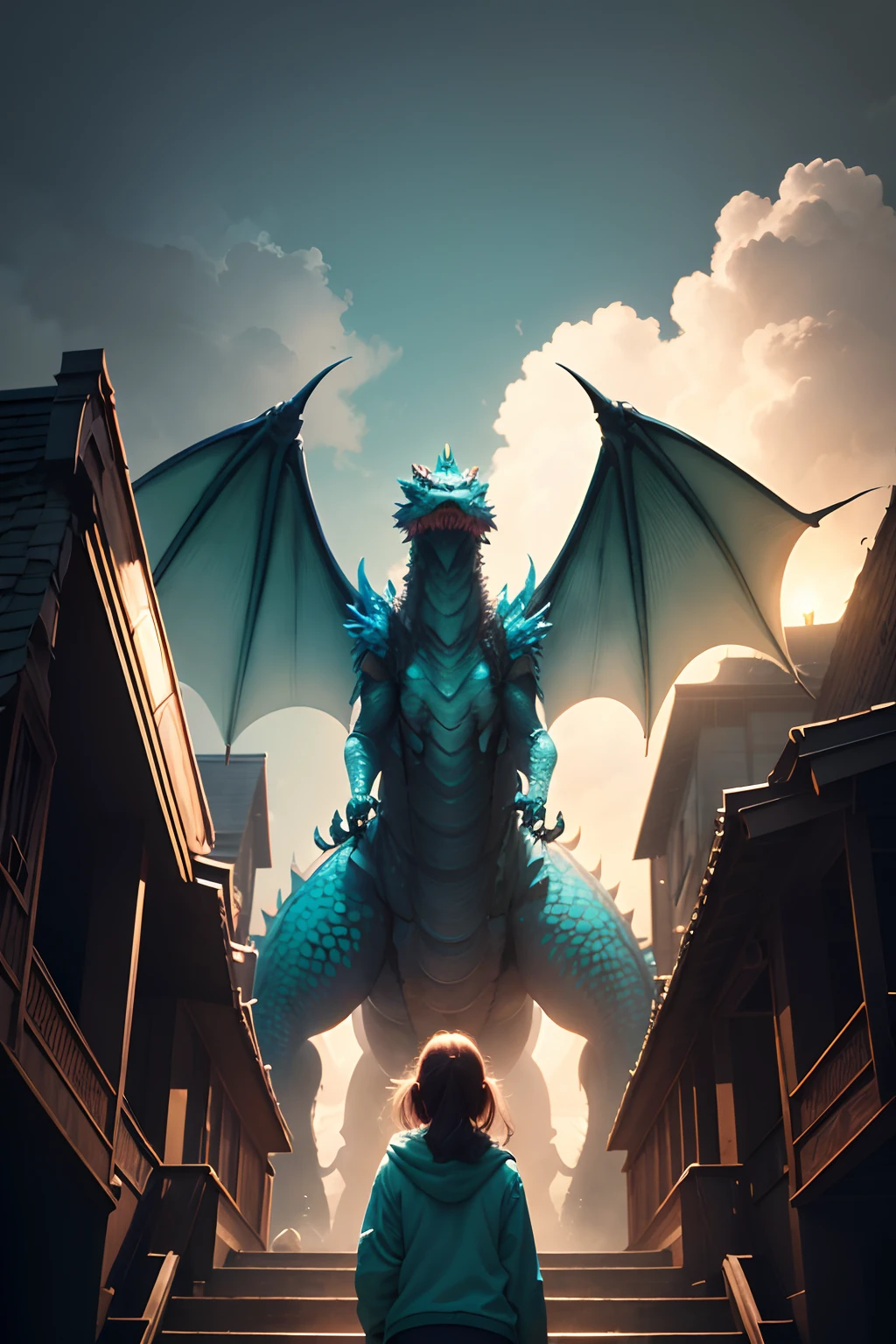 best quality, Meisterwerk, Zauberei, Crazy Lighting, Teppich, Desktop-Hintergrundbild, Explosion im Hintergrund, The back of a girl in focus, Girl looking up at a gigntic dragon, Girls hair color turquoise, Clothing Turquoise