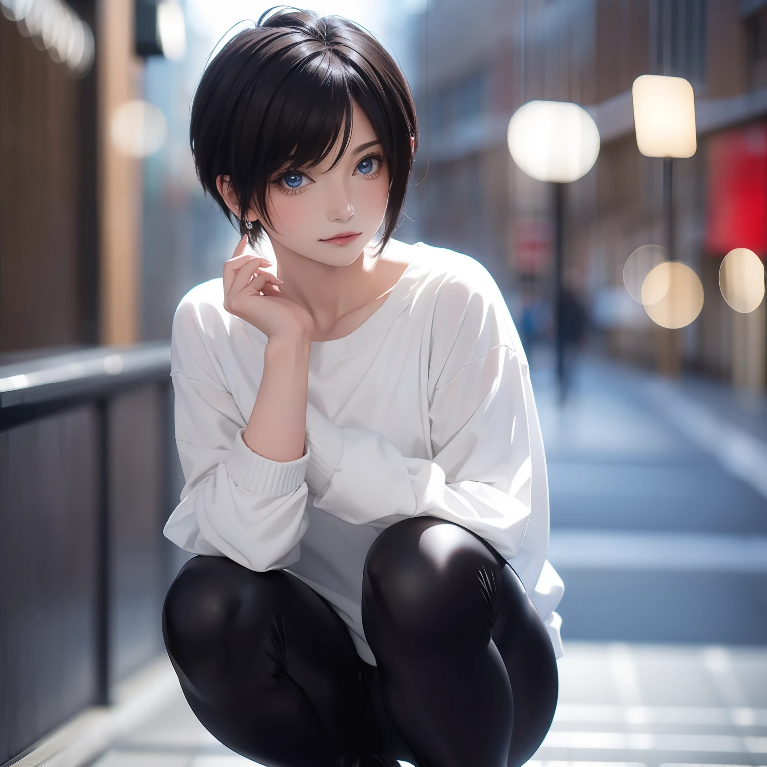 (Cinematic Digital Artwork: 1.3), High quality, masutepiece, of the highest quality, Super Detail, Illustration, [4K Digital Art]、depth of fields, Bokeh, 4K, Best Quality, masutepiece, 超A high resolution, (Photorealistic:1.4), Raw photo,  4K, Realistic, ighly detailed, Soft clothes, Short hair, Wearing enamel black leggings, 25 years old, Full body, Wear Gucci shoes、Shop windows in the city、