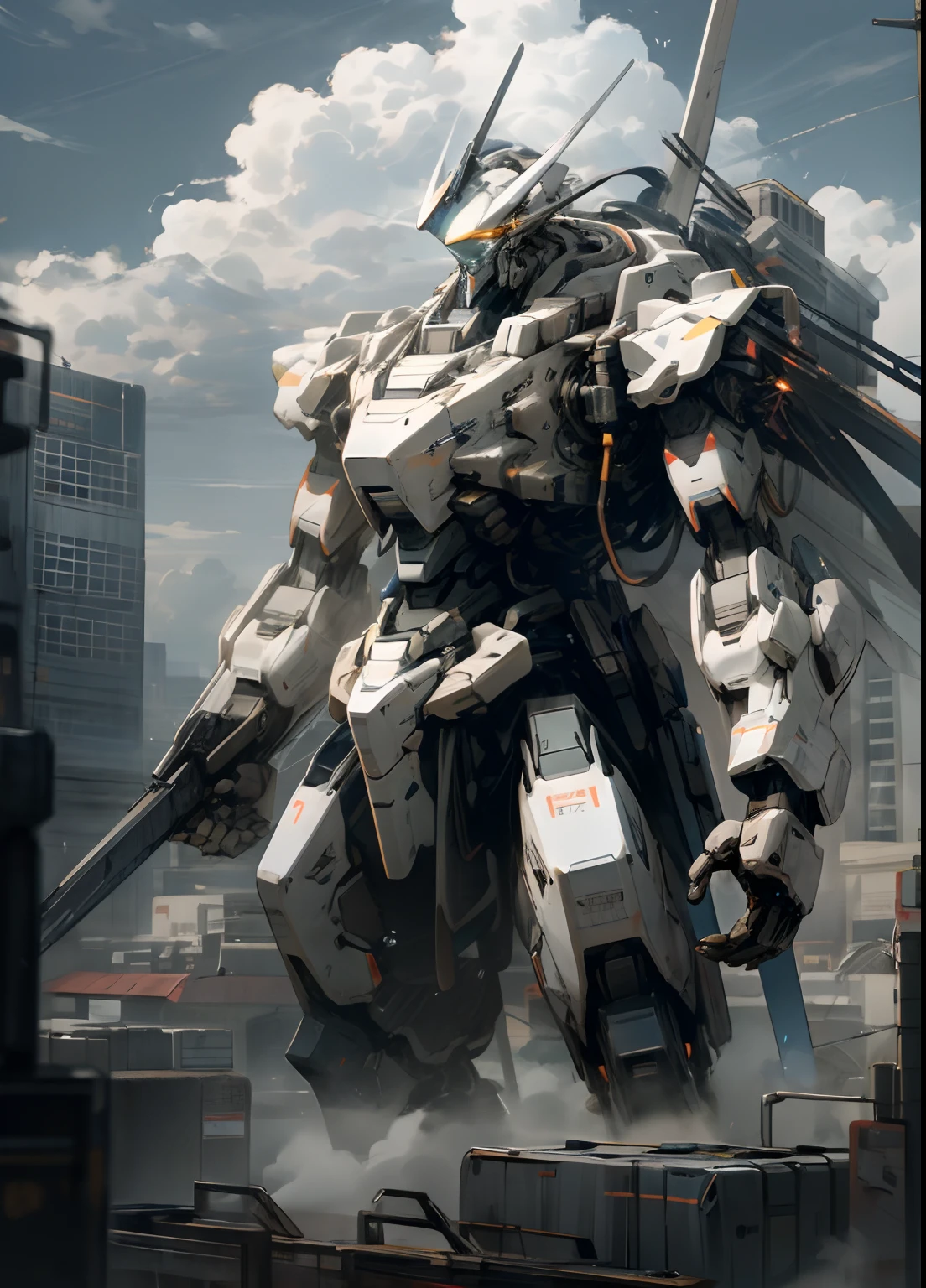 sky, cloud, holding_weapon, no_humans, glowing, , robot, building, glowing_eyes, mecha, science_fiction, city, realistic,mecha