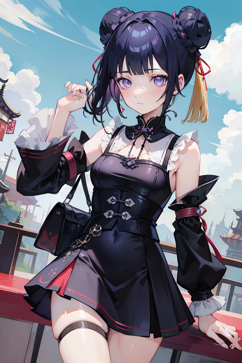 Gothic lolita、a miniskirt、chinese clothes、A dark blue-haired、Bun head、Futomo、Sleeved、Sleeveless、Eye Highlights、​masterpiece、top-quality、top-quality、Beautifully Aesthetic:1.2)、(1girl in:1.3)、looking at the viewers、Chinatown、​​clouds、Blunt Bangs、Throat and face, purple eyes