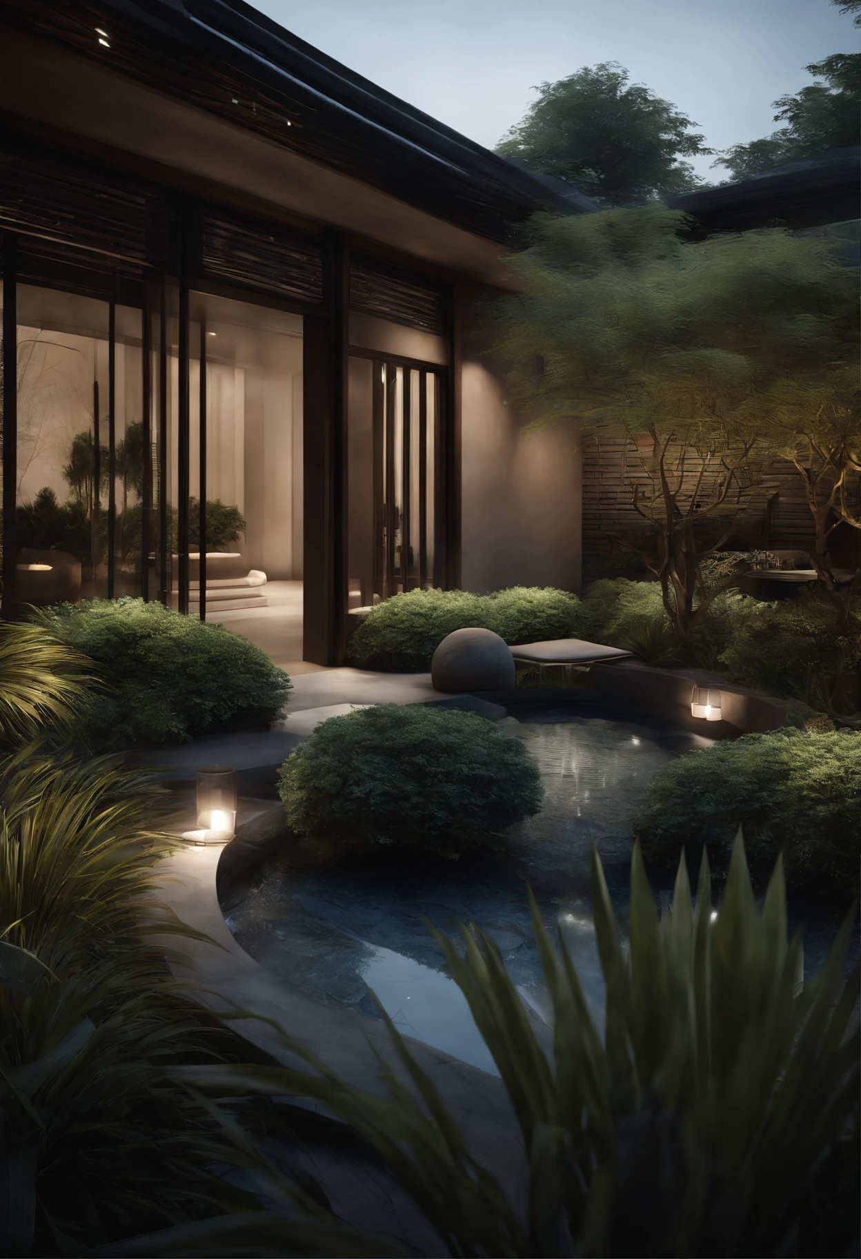 Modern Chinese private garden design,A group of shrubs、Fountain grass、Blue agave、Tree、MIR renderings、Dark tone