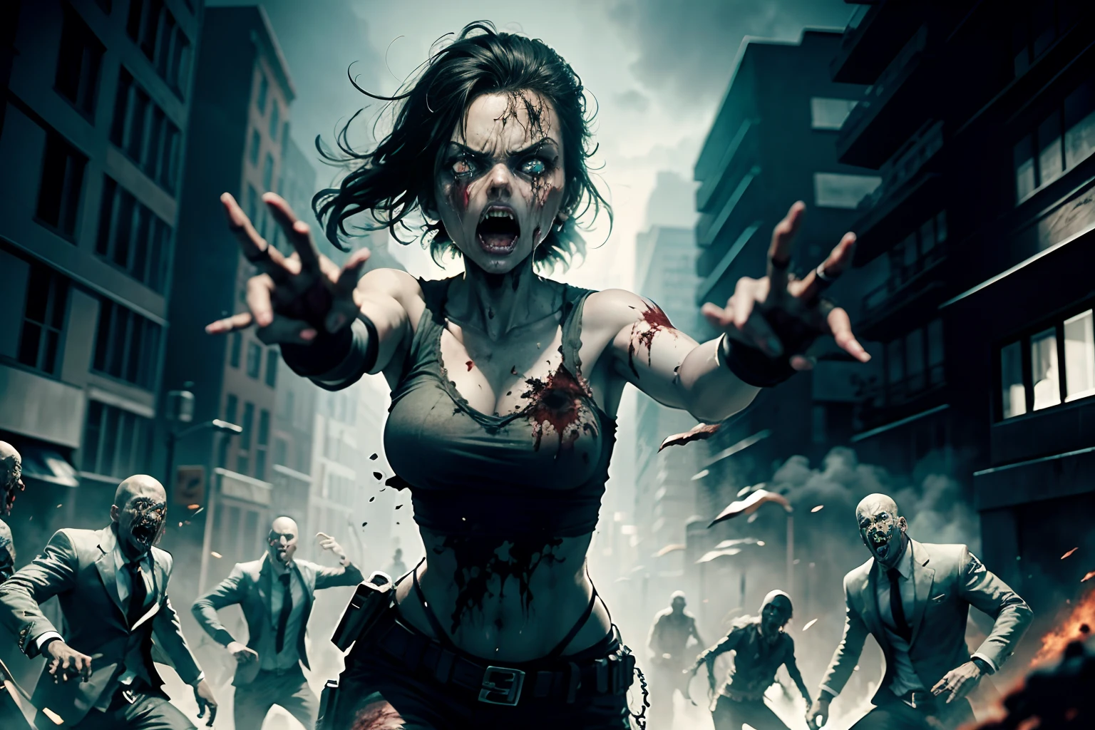 zombies, (dynamic images), (dynamic poses) intense fear and survival