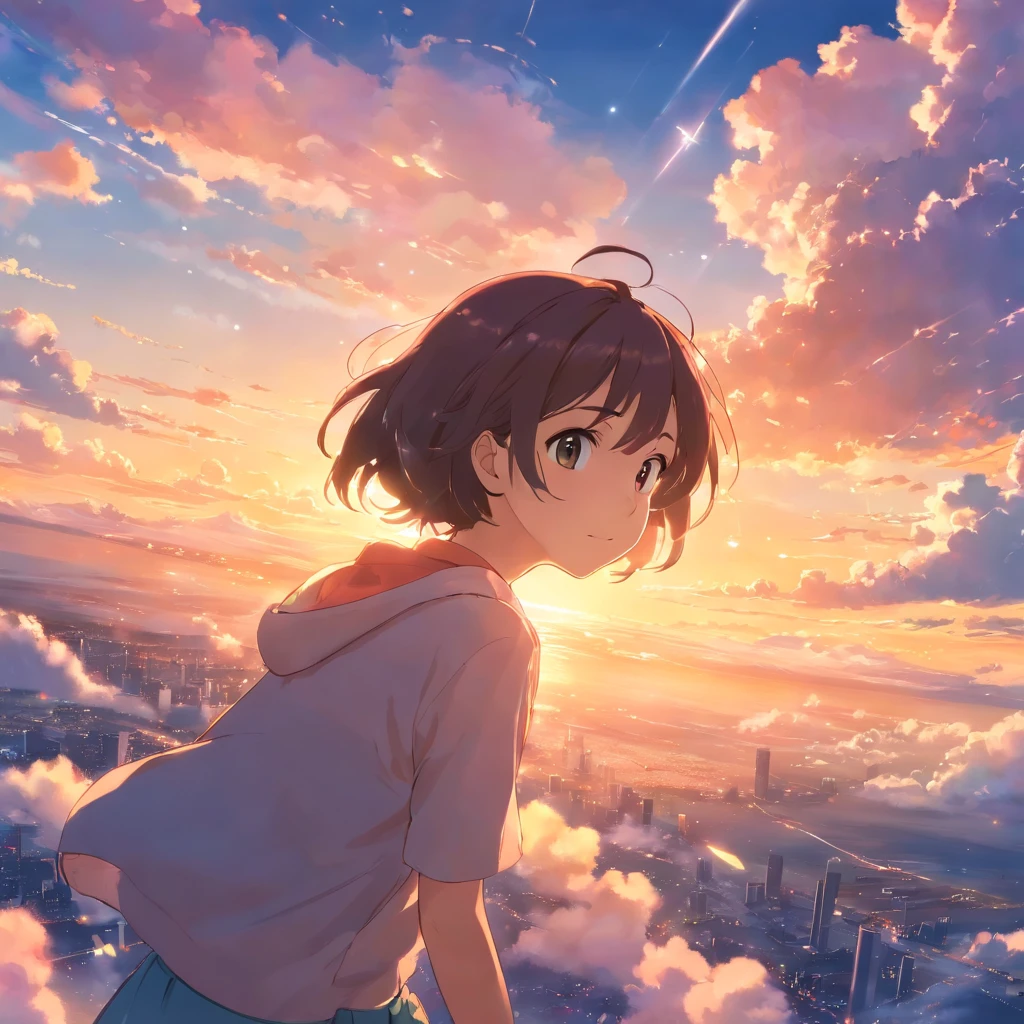 masterpiece, best quality, movie still, 1girl, cloud girl, floating in the sky, close-up, bright, happy, warm soft lighting, sunset, (sparks:0.7)