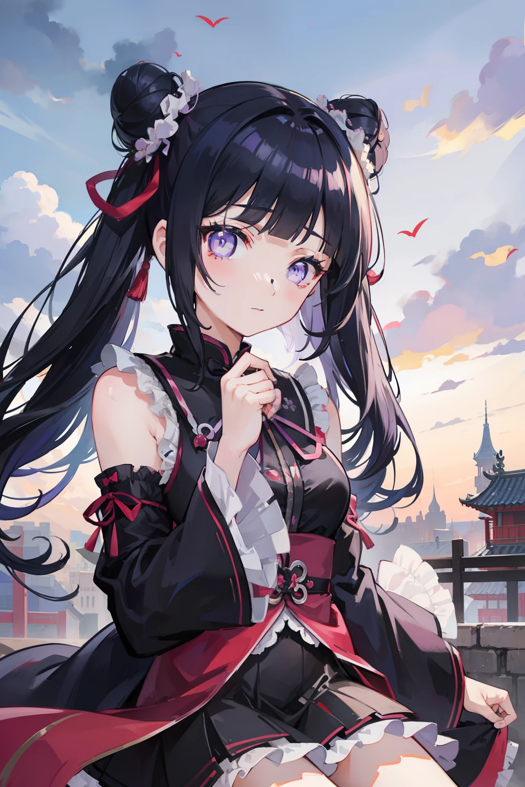 Gothic ta、a miniskirt、chinese clothes、A dark blue-haired、Bun head、Futomo、Sleeved、Sleeveless、Eye Highlights、masterpiece、top-quality、top-quality、Beautifully Aesthetic:1.2)、(1girl in:1.3)、looking at the viewers、Chinatown、clouds、Blunt Bangs、Throat and face, purple eyes