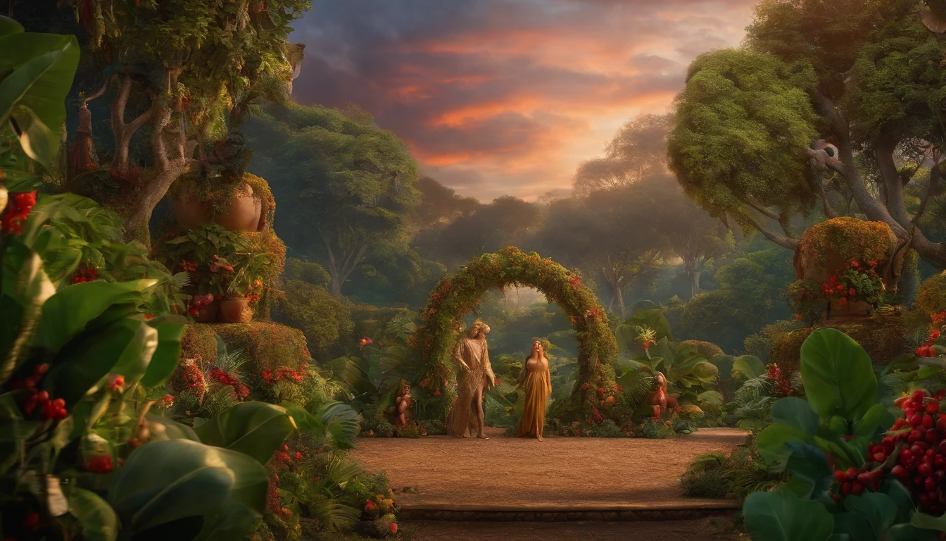 Adam and Eve in the Garden of Eden, cercado por animais, extremamente detalhado 8k