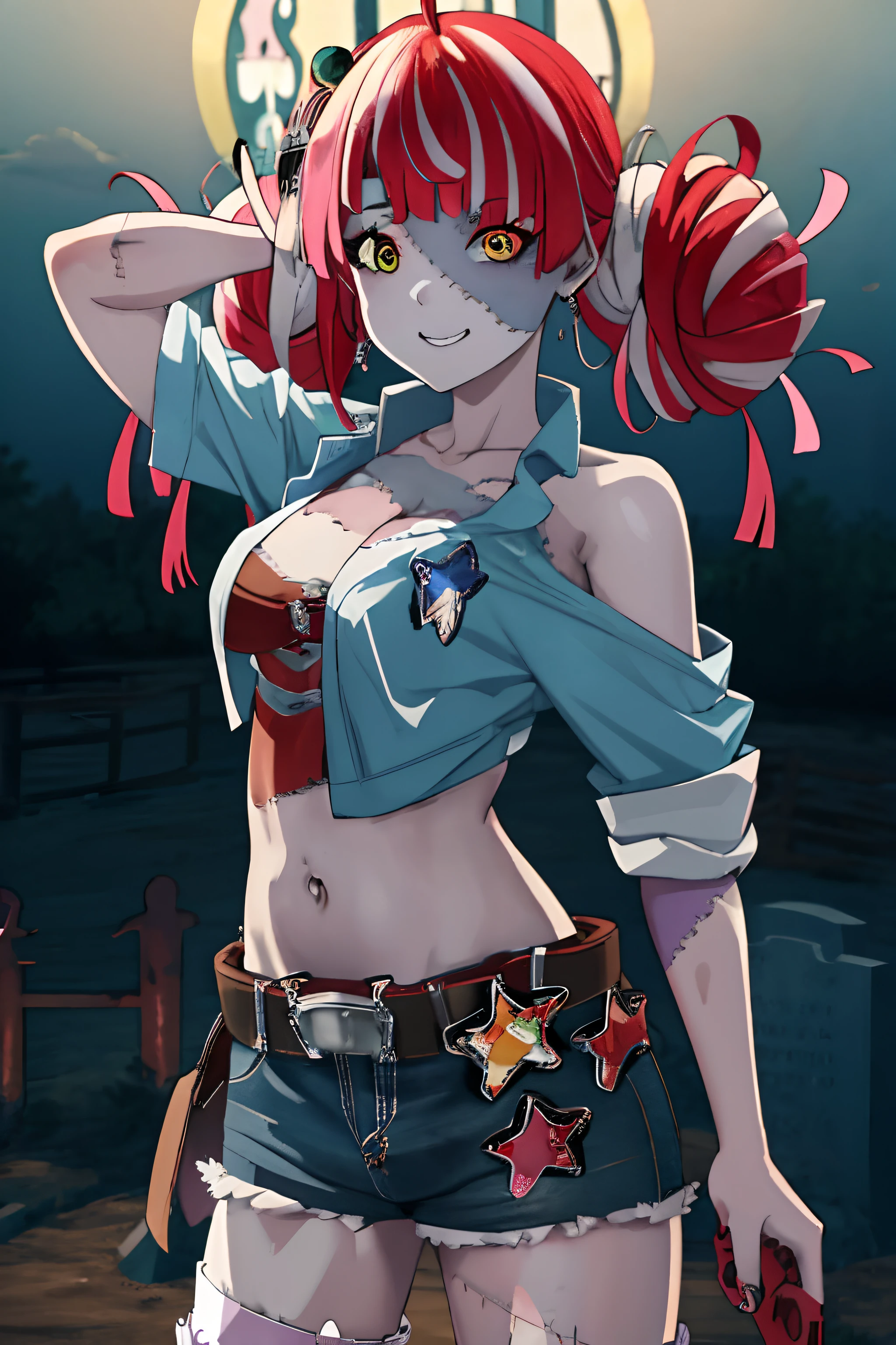 best quality, 4K wallpaper, masterpiece, extremely detailed CG unity 8k wallpaper, extremely detailed eyes, ultra-detailed, 1girl, solo, medium breasts, Ollie, zombie_skin, multicolored hair, multicolored eyes, twintail hair, earrings, style-bridal, outdoors, night, graveyard, (cowboy shot view:1.5), looking at viewer, smile, standing, crossed legs, upper body,