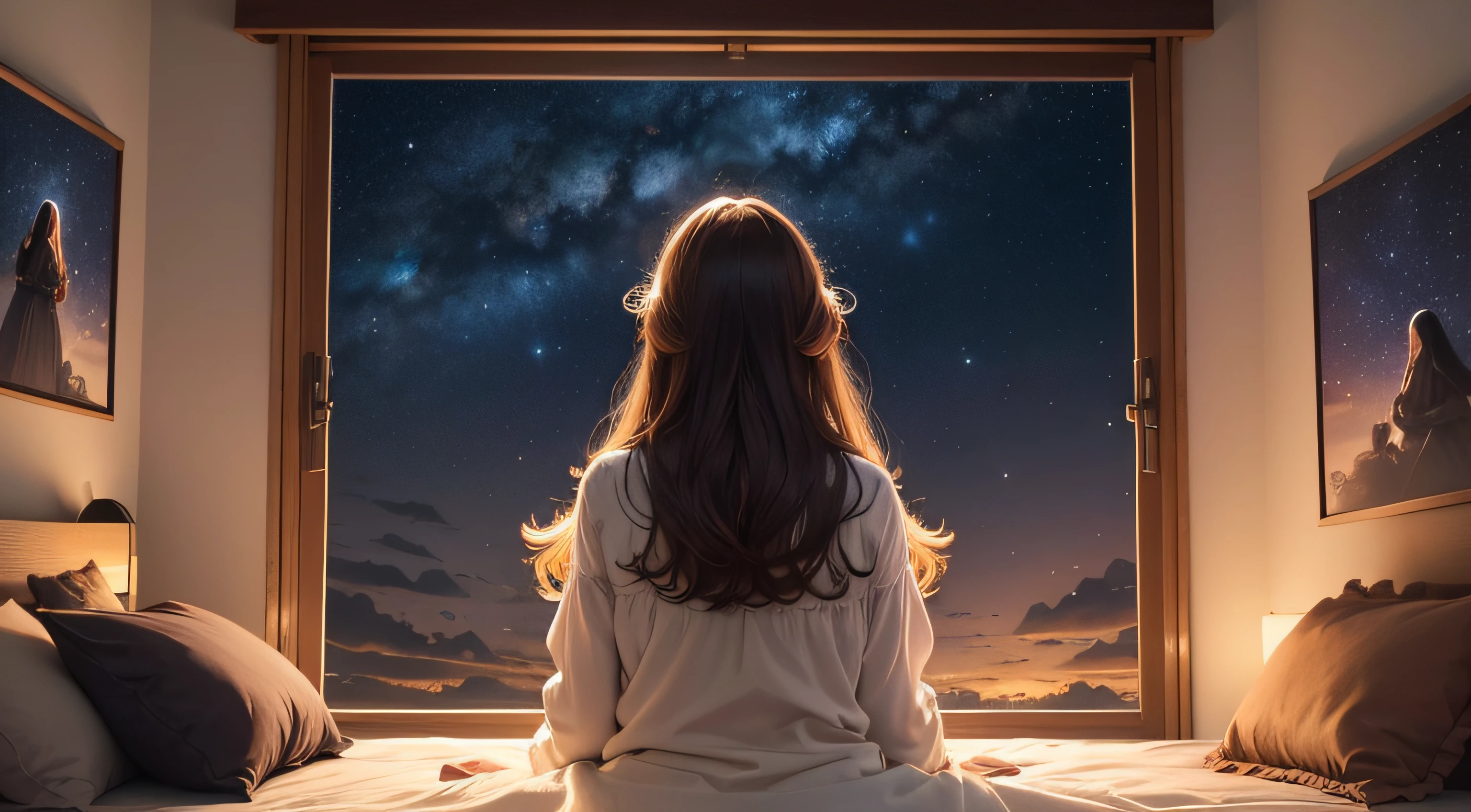 Descreva uma mulher de joelhos rezando a Jesus Cristo, agradecendo pelo momento da noite. Describe this woman looking up at the sky through her bedroom window. The sky is starry, a lua aparece incandecente, coloque uma imagem real, Describe the man looking up at the sky