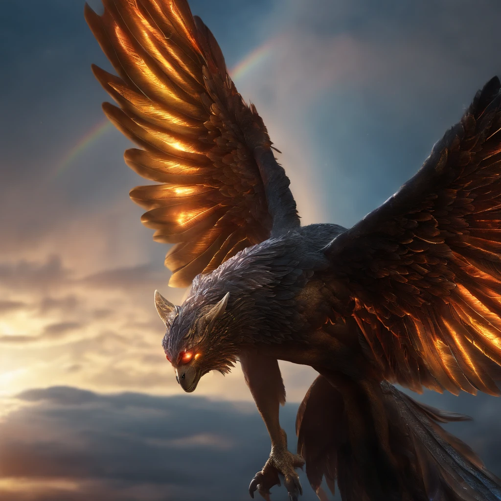 (best quality,4k,8k,highres,masterpiece:1.2),ultra-detailed,(realistic,photorealistic,photo-realistic:1.37),Cosmic Fallen Angel,rainbow colour wings,glowing light eyes,Biomechanical,eerie,Creepy,nightmarish,Very bright colors,Light particles,with light glowing,Mshiff,wallpaper art,UHD wallpaper