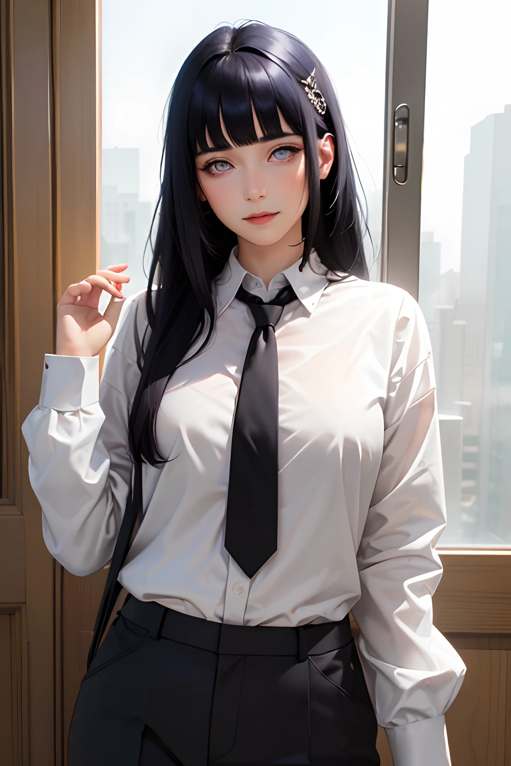 masterpiece, best quality, ultra-detailed, illustration, epic lighting, cinematic composition, isometric, 1girl, solo, cute, purple eyes,long dark blue hair, blunt bangs, single sidelock, lavey hairclip, white collared shirt, black necktie, black pants, formal, enchanting gaze, captivating pose, indoors, office, door, opening door, looking at viewer, peeking out upper body, blush, seductive smile, closed mouth,(8k:1.1),