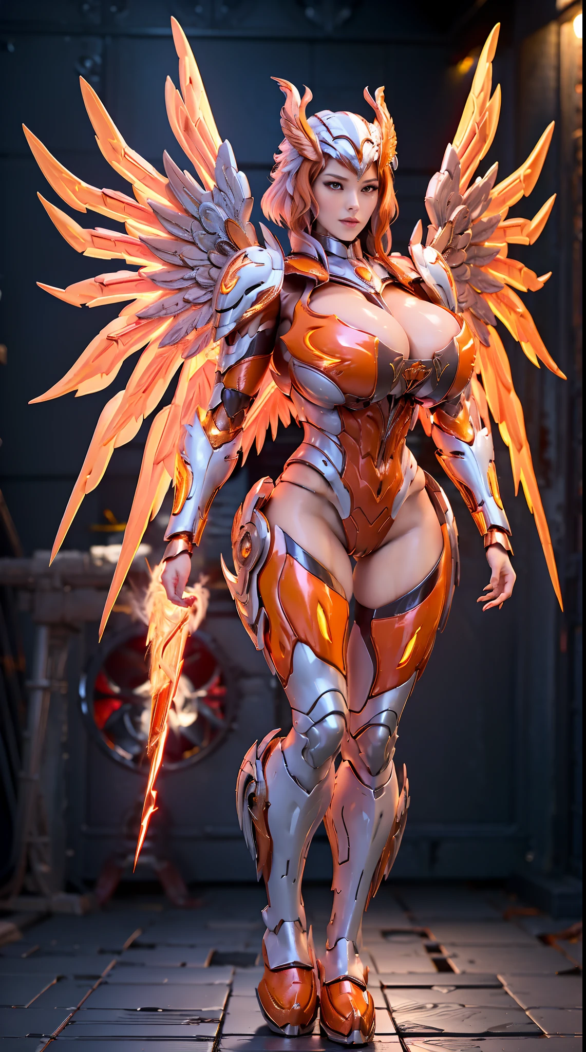 FIRE PHOENIX, (EAGLE HEAD), HUGE BOOBS, FIRE MECHA ARMOR FULL SUIT, (CLEAVAGE), (A PAIR LARGEST PHOENIX WINGS), TRANSPARANT, TALL LEGS, STANDING, SEXY BODY, MUSCLE ABS.