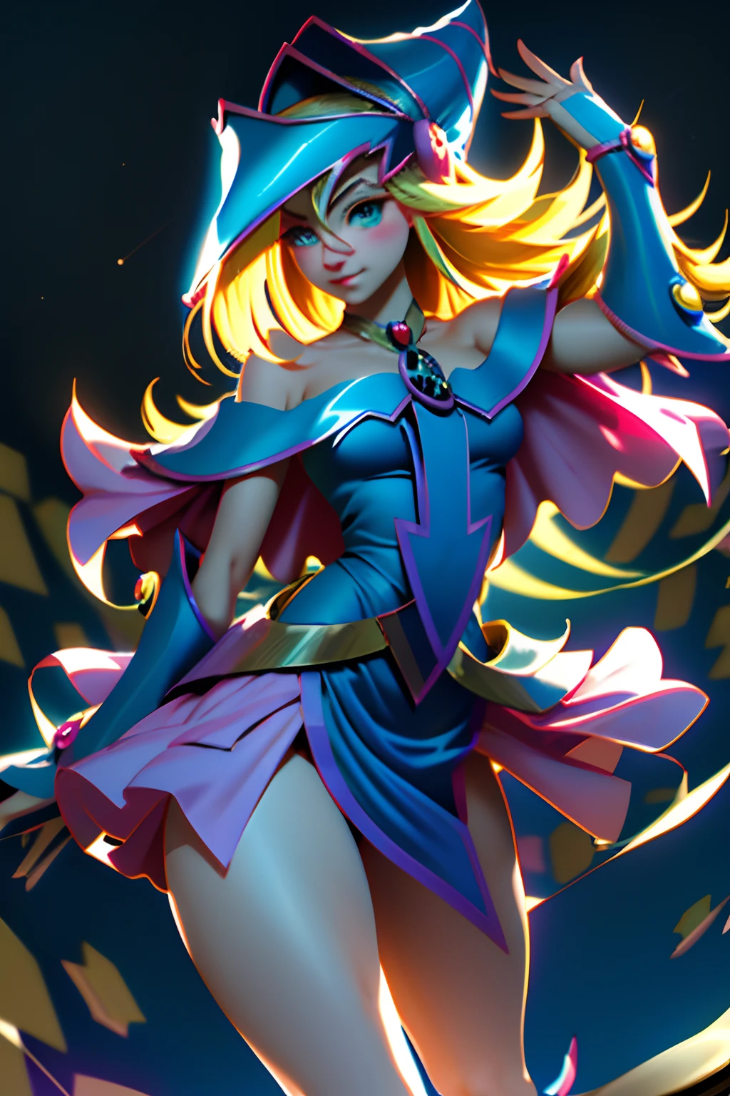 Dark magician girl, realista, 1girl, (Magical Girl:1.4), cabello largo y rubio, (ojos azules), (Cristales, bokeh brillante), Uniforme de dark magician girl, (pechos enormes:1.25), escote, caderas anchas, small waist, 鎖骨, labios separados, maquillaje, sonrojarse, piel brillante, Noche, reflecion, luna llena, Luz de la luna, rosa. Sexy