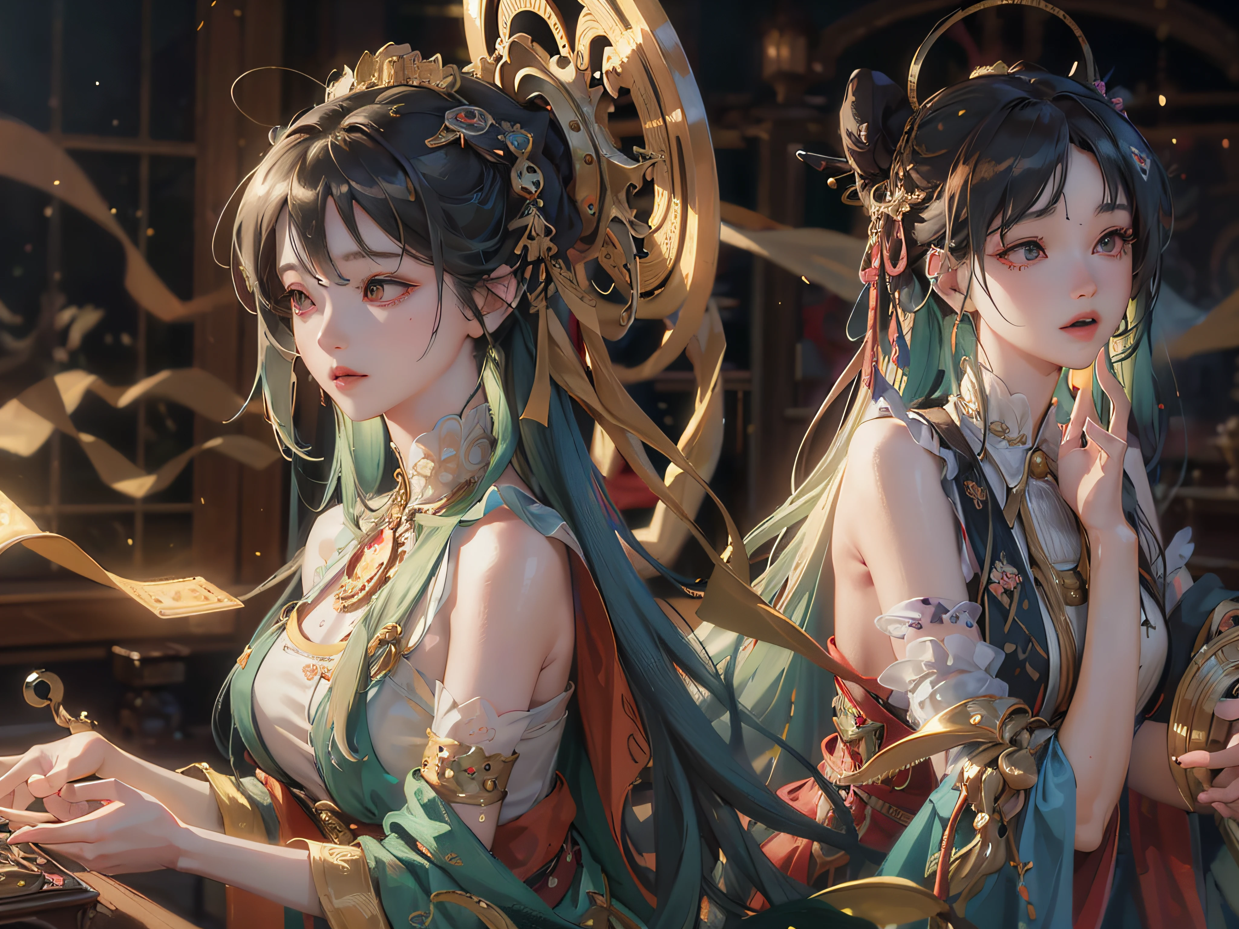 (RAW photo, best quality), (realistic, photo-realistic:1.3),best quality,highly detailed,masterpiece,ultra-detailed,illustration,1girl,upper_body,dynamic angle,world masterpiece theater,messy_long_hair,best quality,extremely detailed CG unity 8k wallpaper,ink,Amazing,cinematic lighting,lens_flare, dunhuang_style