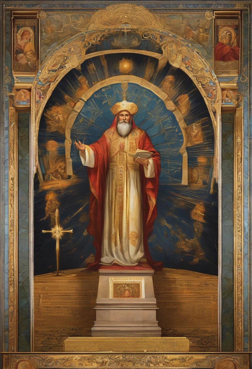 biblical prophet impostor, deceiving the faithful in a Christian church, portraits, oil painting, detailed facial features, vibrant colors, dramatic lighting, medium: oil painting, realistic, detailed facial expressions, elaborate costumes, stained glass windows, golden altar, religious symbols, skeptical congregation, intricate architectural details, solemn atmosphere, divine lighting effects, atmospheric perspective, religious fraud revelation