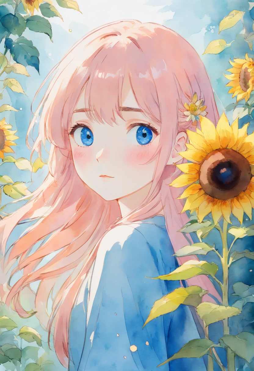 (aquarelle:1.2),1girll, Solo, flower, sunflower,freckle, Portrait, leafs, bangs, pink flower, (Light gold long) Hair, ((Delicate blue lens eyes)), hair between eye,