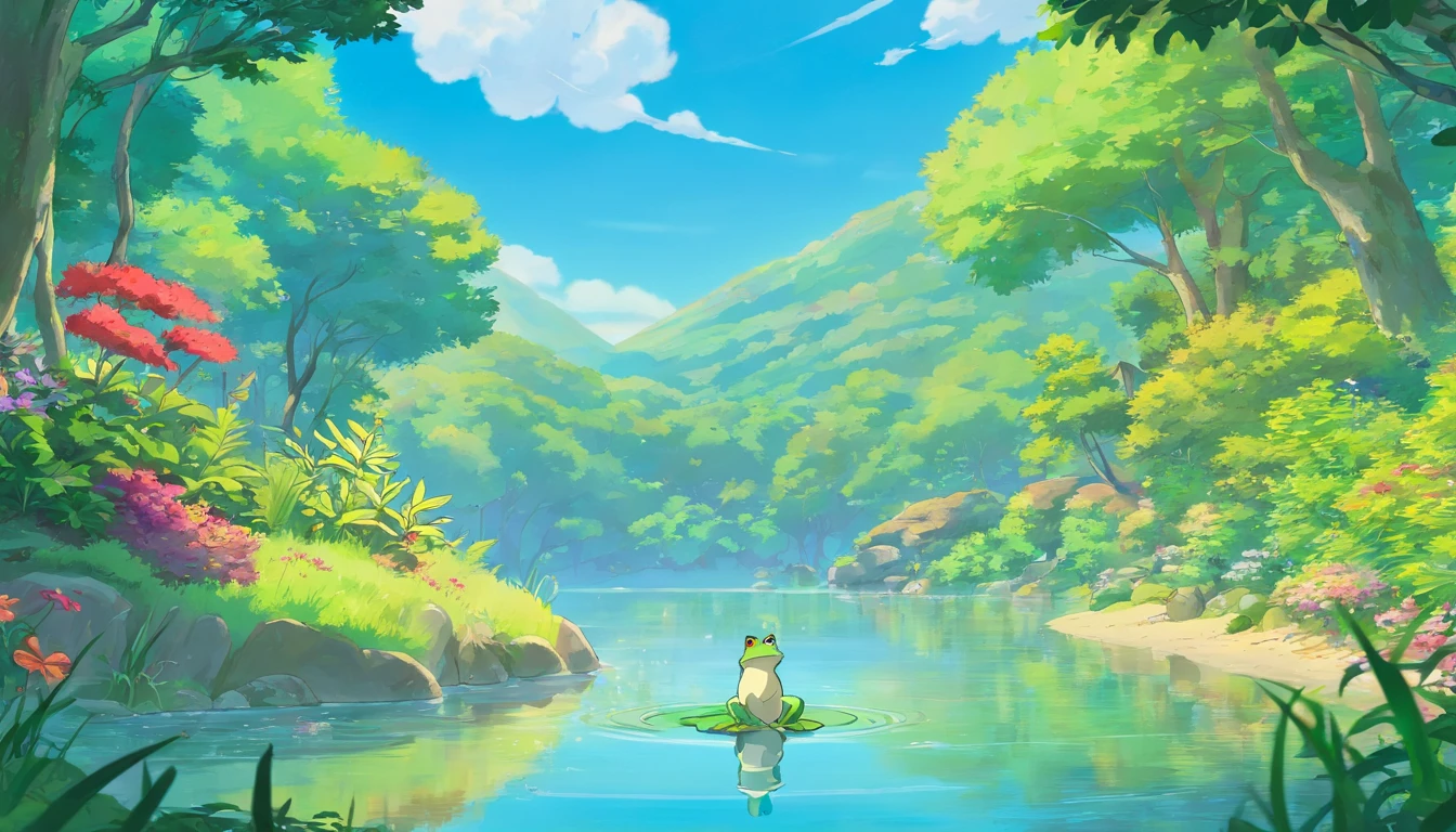 Draw a serene and peaceful lake, surrounded by lush and colorful plants. On one of the banks, a small frog is sitting, happy and satisfied. Around the lake, there are other friendly animals such as birds singing, butterflies dancing and dragonflies buzzing. Create a magical and enchanting scene that will transport children to a world of imagination and adventure!