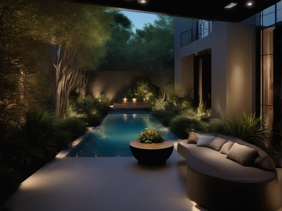 Modern Chinese private garden design，A group of shrubs、Fountain grass、Blue agave、Tree、MIR renderings、Black light